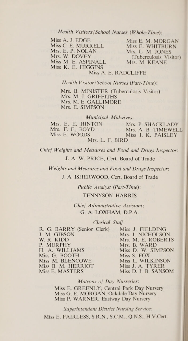 Health VisitorsjSchool Nurses (Whole-Time): Miss A. J. EDGE Miss C. E. MURRELL Mrs. E. P. NOLAN Mrs. W. DOVEY Miss M. E. ASPINALL Miss K. E. HIGGINS Miss A. Miss E. M. MORGAN Miss E. WHITBURN Mrs. L. M. JONES (Tuberculosis Visitor) Mrs. M. KEANE E. RADCLIFFE Health Visitor!School Nurses (Part-Time): Mrs. B. MINISTER (Tuberculosis Visitor) Mrs. M. J. GRIFFITHS Mrs. M. E. GALLIMORE Mrs. E. SIMPSON Municipal Midwives: Mrs. E. E. HINTON Mrs. P. SHACKLADY Mrs. F. E. BOYD Mrs. A. B. TIMEWELL Miss E. WOODS Miss I. K. PAISLEY Mrs. L. F. BIRD Chiej Weights and Measures and Food and Drugs Inspector: J. A. W. PRICE, Cert. Board of Trade Weights and Measures and Food and Drugs Inspector: J. A. ISHERWOOD, Cert. Board of Trade Public Analyst (Part-Time): TENNYSON HARRIS Chiej Administrative Assistant: G. A. LOXHAM, D.P.A. Clerical Staff: R. G. BARRY (Senior Clerk) J. M. GIBSON W. R. KIDD P. MURPHY H. A. WILLIAMS Miss G. BOOTH Miss M. BLENCOWE Miss B. M. HERRIOT Miss E. MASTERS Miss J. FIELDING Mrs. J. NICHOLSON Mrs. M. E. ROBERTS Mrs. B. WARD Miss D. W. SIMPSON Miss S. FOX Miss L. WILKINSON Miss J. A. TYRER Miss D. 1. B. SANSOM Matrons of Day Nurseries: Miss E. GREENLY, Central Park Day Nursery Miss G. E. MORGAN, Oakdale Day Nursery Miss P. WARNER, Eastway Day Nursery Superintendent District Nursing Service: Miss E. FAIRLESS, S.R.N., S.C.M., O.N.S., H.V.Cert.