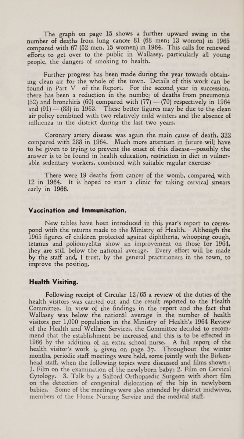 The graph on page 15 shows a further upward swing in the number of deaths from lung cancer 81 (68 men; 13 women) in 1965 compared with 67 (52 men, 15 women) in 1964. This calls for renewed efforts to get over to the public in Wallasey, particularly all young people, the dangers of smoking to health. Further progress has been made during the year towards obtain- ing clean air for the whole of the town. Details of this work can be found in Part V of the Report. For the second, year in succession, there has been a reduction in the number of deaths from pneumonia (52) and bronchitis (60) compared with (77) — (70) respectively in 1964 and (91) — (83) in 1963. These better figures may be due to the clean air policy combined with two relatively mild winters and the absence of influenza in the district during the last two years. Coronary artery disease was again the main cause of death, 322 compared with 288 in 1964. Much more attention in future will have to be given to trying to prevent the onset of this disease—possibly the answer is to be found in health education, restriction in diet in vulner¬ able sedentary workers, combined with suitable regular exercise- There were 19 deaths from cancer of the womb, compared with 12 in 1964. It is hoped to start a clinic for taking cervical smears early in 1966. Vaccination and Immunisation. New tables have been introduced in this year’s report to corres¬ pond with the returns made to the Ministry of Health. Although the 1965 figures or children protected against diphtheria, whooping cough, tetanus and poliomyelitis show an improvement on those for 1964, they are still below the national average. Every effort will be made by the staff and* I trust, by the general practitioners in the town, to improve the position. Health Visiting. Following receipt of Circular 12/65 a review of the duties of the health visitors was carried out and the result reported to the Health Committee. In view of the findings in the report and the fact that Wallasey was below the national average in the number of health visitors per 1,000 population in the Ministry of Health’s 1964 Review of the Health and Welfare Services, the Committee decided to recom¬ mend that the establishment be increased, and this is to be effected in 1966 by the addition of an extra school nurse. A full report of the health visitor’s work is given on page 37. Throughout the winter months, periodic staff meetings were held, some jointly with the Birken¬ head staff, when the following topics were discussed and films shown: 1. Film on the examination of the newlyborn baby; 2. Film on Cervical Cytology. 3. Talk by a Salford Orthopaedic Surgeon with short film on the detection of congenital dislocation of the hip in newlyborn babies. Some of the meetings were also attended by district midwives, members of the Home Nursing Service and the medical staff.