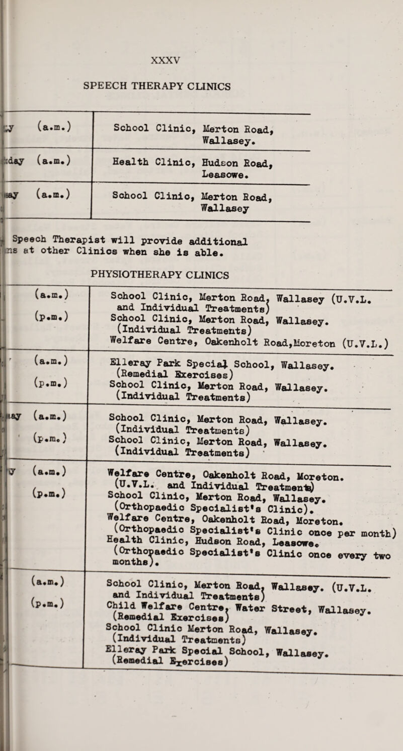 SPEECH THERAPY CLINICS ! pr (a.m.) School Clinic, Merton Road, Wallasey. jt:day (a.m.) Health Clinic, Hudson Road, Leasowe. •ay (a.m.) j School Clinio, Merton Road, Wallasey | Speech Therapist will provide additional 21s et other Clinics when she is able. PHYSIOTHERAPY CLINICS (a.m.) (p.m.) School Clinic, Merton Road, Wallasey (U.V.L. and Individual Treatments) School Clinic, Merton Road, Wallasey. (individual Treatments) Welfare Centre, Oakenholt Road,Moreton (U.V.L.) (a.m.) (p.m.) Elleray Park Special School, Wallasey. (Remedial Exercises) School Clinic, Merton Road, Wallasey. (individual Treatments) School Clinic, Merton Road, Wallasey. (Individual Treatments) School Clinic, Merton Road, Wallasey. (Individual Treatments) Welfare Centre, Oakenholt Road, Moreton. and Individual treatments) School Clinio, Merton Road, Wallasey. (Orthopaedic Specialists Clinic). Welfare Centre, Oakenholt Road, Moreton. (Orthopaedic Specialists Clinic once per month) Health Clinic, Hudson Road, Leasowe. (Orthopaedic Specialist's Clinic onoe every two months). School Clinio, Merton Road. Wallasey. (U.V.L. and Individual Treatments) Ohild Welfare Centre. Water Street. Wallasey. (Remedial Exercises) School Clinic Merton Road, Wallasey. (Individual Treatments) Elleray Park Special School, Wallasey. (Remedial Exercises)