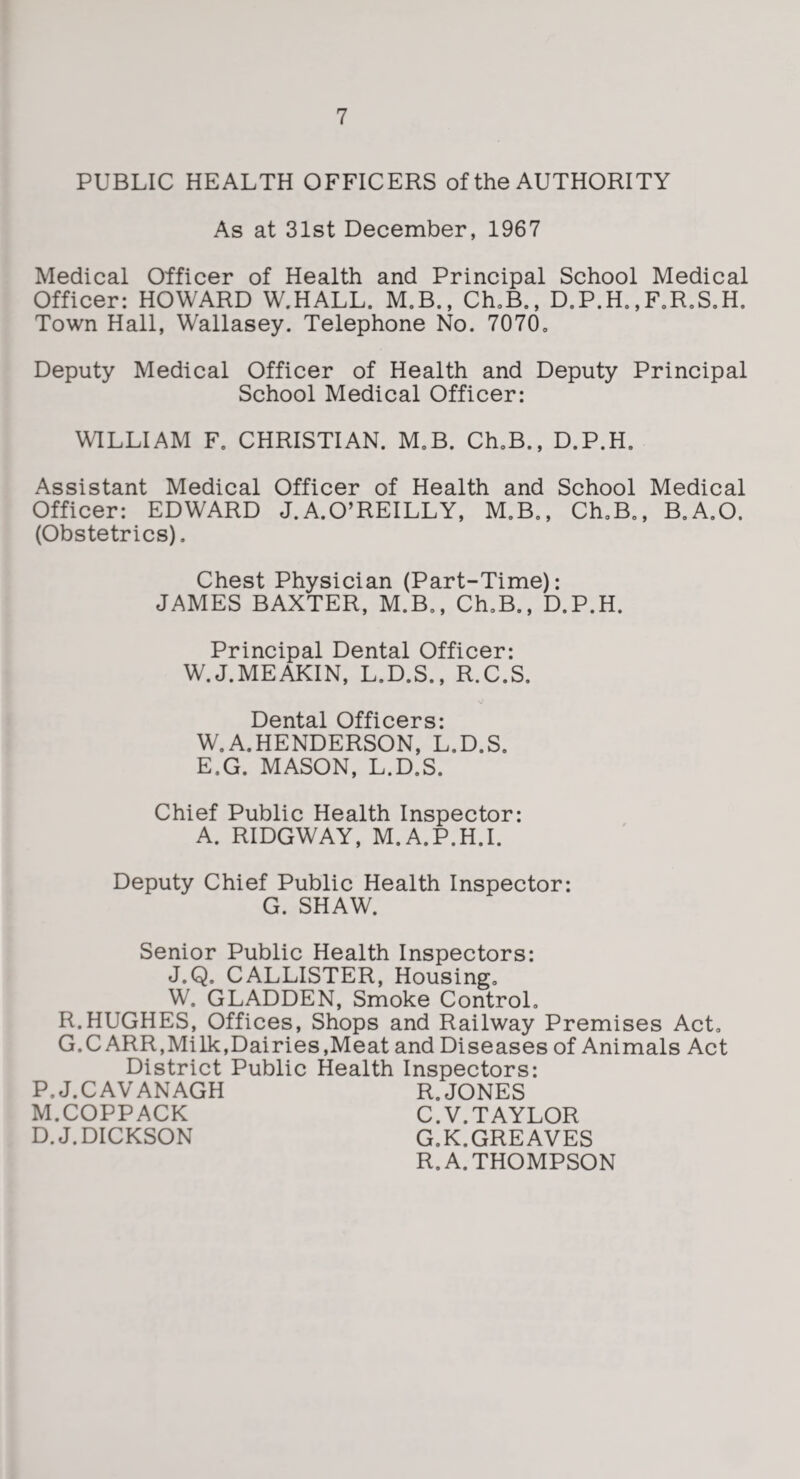 PUBLIC HEALTH OFFICERS of the AUTHORITY As at 31st December, 1967 Medical Officer of Health and Principal School Medical Officer: HOWARD W.HALL. M.B., Ch,B., D.P.H.,FoR,S,H. Town Hall, Wallasey. Telephone No. 7070<, Deputy Medical Officer of Health and Deputy Principal School Medical Officer: WILLIAM F. CHRISTIAN. M.B. Ch,B., D.P.H. Assistant Medical Officer of Health and School Medical Officer: EDWARD J.A.O’REILLY, M.B., Ch,B,, B.A.O. (Obstetrics). Chest Physician (Part-Time): JAMES BAXTER, M.B., Ch.B., D.P.H. Principal Dental Officer: W.J.MEAKIN, L.D.S., R.C.S. Dental Officers: W.A.HENDERSON, L.D.S. E.G. MASON, L.D.S. Chief Public Health Inspector: A. RIDGWAY, M.A.P.H.I. Deputy Chief Public Health Inspector: G. SHAW. Senior Public Health Inspectors: J.Q. CALLISTER, Housing. W. GLADDEN, Smoke Control. R.HUGHES, Offices, Shops and Railway Premises Act, G. CARR, Mi Ik, Dairies,Meat and Diseases of Animals Act District Public Health Inspectors: P.J.CAVANAGH R. JONES M.COPPACK C.V. TAYLOR D.J. DICKSON G.K.GREAVES R.A. THOMPSON