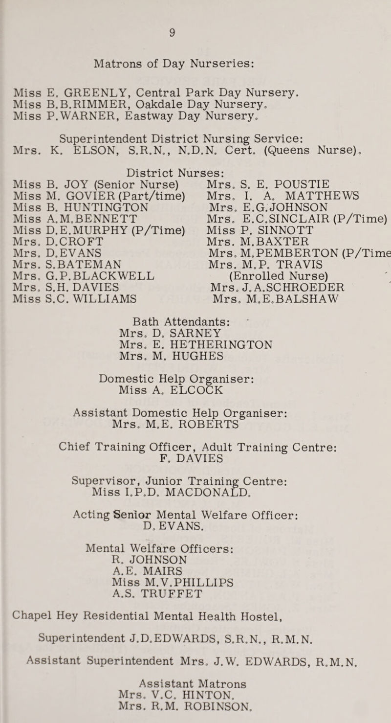 Matrons of Day Nurseries: Miss E. GREENLY, Central Park Day Nursery. Miss B.B.RIMMER, Oakdale Day Nursery, Miss P.WARNER, Eastway Day Nursery, Superintendent District Nursing Service: Mrs. K. ELSON, S.R.N,, N.D.N. Cert. (Queens Nurse), District Nurses: Miss B. JOY (Senior Nurse) Miss M. GOVIER (Part/time) Miss B. HUNTINGTON Miss A.M,BENNETT Miss D.E.MURPHY (P/Time) Mrs, D.CROFT Mrs. D.EVANS Mrs. S.BATEMAN Mrs, G.P.BLACKWELL Mrs, S.H. DAVIES Miss S.C. WILLIAMS Mrs, S. E. POUSTIE Mrs, I. A, MATTHEWS Mrs, E.G.JOHNSON Mrs, E.C.SINCLAIR (P/Time) Miss P. SINNOTT Mrs. M.BAXTER Mrs, M.PEMBERTON (P/Time Mrs. M,P. TRAVIS (Enrolled Nurse) Mrs, J, A.SCHROEDER Mrs, M,E,BALSHAW Bath Attendants: Mrs, D, SARNEY Mrs, E. HETHERINGTON Mrs, M. HUGHES Domestic Help Organiser: Miss A. ELCOCK Assistant Domestic Help Organiser: Mrs, M,E. ROBERTS Chief Training Officer, Adult Training Centre: F. DAVIES Supervisor, Junior Training Centre: Miss I.P.D. MACDONALD, Acting Senior Mental Welfare Officer: D, EVANS. Mental Welfare Officers: R. JOHNSON A.E. MAIRS Miss M.V.PHILLIPS A.S. TRUFFET Chapel Hey Residential Mental Health Hostel, Superintendent J.D.EDWARDS, S.R.N., R.M.N. Assistant Superintendent Mrs, J.W. EDWARDS, R.M.N. Assistant Matrons Mrs, V.C. HINTON. Mrs. R.M. ROBINSON.