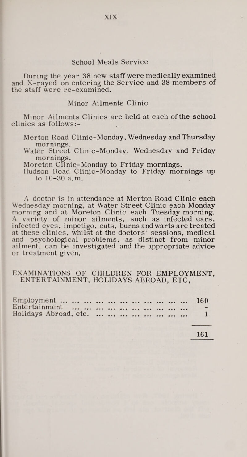 School Meals Service During the year 38 new staff were medically examined and X-rayed on entering the Service and 38 members of the staff were re-examined. Minor Ailments Clinic Minor Ailments Clinics are held at each of the school clinics as follows:- Merton Road Clinic-Monday, Wednesday and Thursday mornings. Water Street Clinic-Monday, Wednesday and Friday mornings. Moreton Clinic-Monday to Friday mornings. Hudson Road Clinic-Monday to Friday mornings up to 10-30 a.m. A doctor is in attendance at Merton Road Clinic each Wednesday morning, at Water Street Clinic each Monday morning and at Moreton Clinic each Tuesday morning. A variety of minor ailments, such as infected ears, infected eyes, impetigo, cuts, burns and warts are treated at these clinics, whilst at the doctors' sessions, medical and psychological problems, as distinct from minor ailment, can be investigated and the appropriate advice or treatment given. EXAMINATIONS OF CHILDREN FOR EMPLOYMENT, ENTERTAINMENT, HOLIDAYS ABROAD, ETC, Employment.. . 160 Entertainment . Holidays Abroad, etc. 1 161