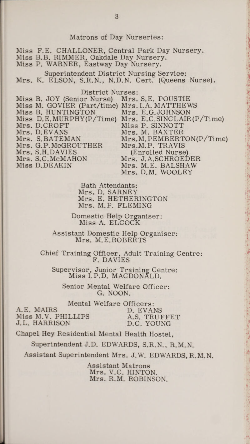 Matrons of Day Nurseries: Miss F.E. CHALLONER, Central Park Day Nursery. Miss B.B. RIMMER, Oakdale Day Nursery. Miss P. WARNER, Eastway Day Nursery. Superintendent District Nursing Service: Mrs. K. ELSON, S.R.N., N.D.N. Cert. (Queens Nurse). Miss Miss Miss Miss Mrs. Mrs. Mrs. Mrs. Mrs. Mrs. Miss B. JOY (Senior Nurse) Mrs! S.E. POUSTIE M. GOVIER (Part/time) Mrs. I.A. MATTHEWS B. HUNTINGTON Mrs. E.G.JOHNSON D.E. MURPHY (P/Time) Mrs. E.C.SINCLAIR(P/Time) D.CROFT D.EVANS S.BATEMAN G.P.McGROUTHER S.H.DAVIES S.C.McMAHON D.DE AKIN Miss P. SINNOTT Mrs. M. BAXTER Mr s.M. PEMBERTON(P/Time) Mrs.M.P. TRAVIS (Enrolled Nurse) Mrs. J.A.SCHROEDER Mrs. M.E. BALSHAW Mrs. D.M. WOOLEY Bath Attendants: Mrs. D. SARNEY Mrs. E. HETHERINGTON Mrs. M.P. FLEMING Domestic Help Organiser: Miss A. ELCOCK Assistant Domestic Help Organiser: Mrs. M.E.ROBERTS Chief Training Officer, Adult Training Centre: F. DAVIES Supervisor, Junior Training Centre: Miss I.P.D. MACDONALD. Senior Mental Welfare Officer: G. NOON. Mental Welfare Officers: A.E. MAIRS D. EVANS Miss M.V. PHILLIPS A.S. TRUFFET J.L. HARRISON D.C. YOUNG Chapel Hey Residential Mental Health Hostel, Superintendent J.D. EDWARDS, S.R.N., R.M.N. Assistant Superintendent Mrs. J.W. EDWARDS, R.M.N. Assistant Matrons Mrs. V.C. HINTON. Mrs. R.M. ROBINSON.