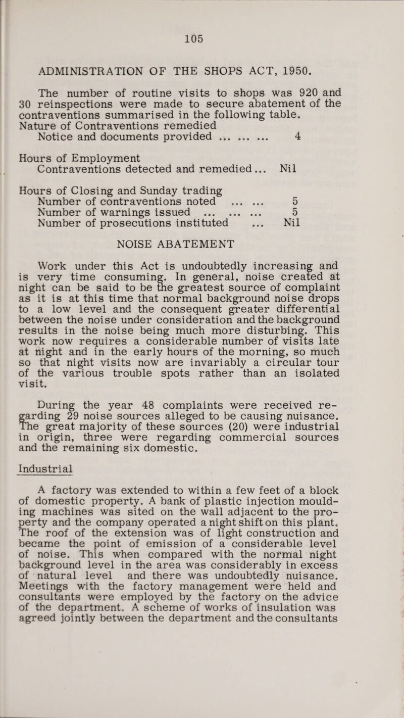 ADMINISTRATION OF THE SHOPS ACT, 1950. The number of routine visits to shops was 920 and 30 reinspections were made to secure abatement of the contraventions summarised in the following table. Nature of Contraventions remedied Notice and documents provided ... ... ... 4 Hours of Employment Contraventions detected and remedied... Nil Hours of Closing and Sunday trading Number of contraventions noted ... ... 5 Number of warnings issued ... ... ... 5 Number of prosecutions instituted ... Nil NOISE ABATEMENT Work under this Act is undoubtedly increasing and is very time consuming. In general, noise created at night can be said to be the greatest source of complaint as it is at this time that normal background noise drops to a low level and the consequent greater differential between the noise under consideration and the background results in the noise being much more disturbing. This work now requires a considerable number of visits late at night and in the early hours of the morning, so much so that night visits now are invariably a circular tour of the various trouble spots rather than an isolated visit. During the year 48 complaints were received re¬ garding 29 noise sources alleged to be causing nuisance. The great majority of these sources (20) were industrial in origin, three were regarding commercial sources and the remaining six domestic. Industrial A factory was extended to within a few feet of a block of domestic property. A bank of plastic injection mould¬ ing machines was sited on the wall adjacent to the pro¬ perty and the company operated a night shift on this plant. The roof of the extension was of light construction and became the point of emission of a considerable level of noise. This when compared with the normal night background level in the area was considerably in excess of natural level and there was undoubtedly nuisance. Meetings with the factory management were held and consultants were employed by the factory on the advice of the department, A scheme of works of insulation was agreed jointly between the department and the consultants