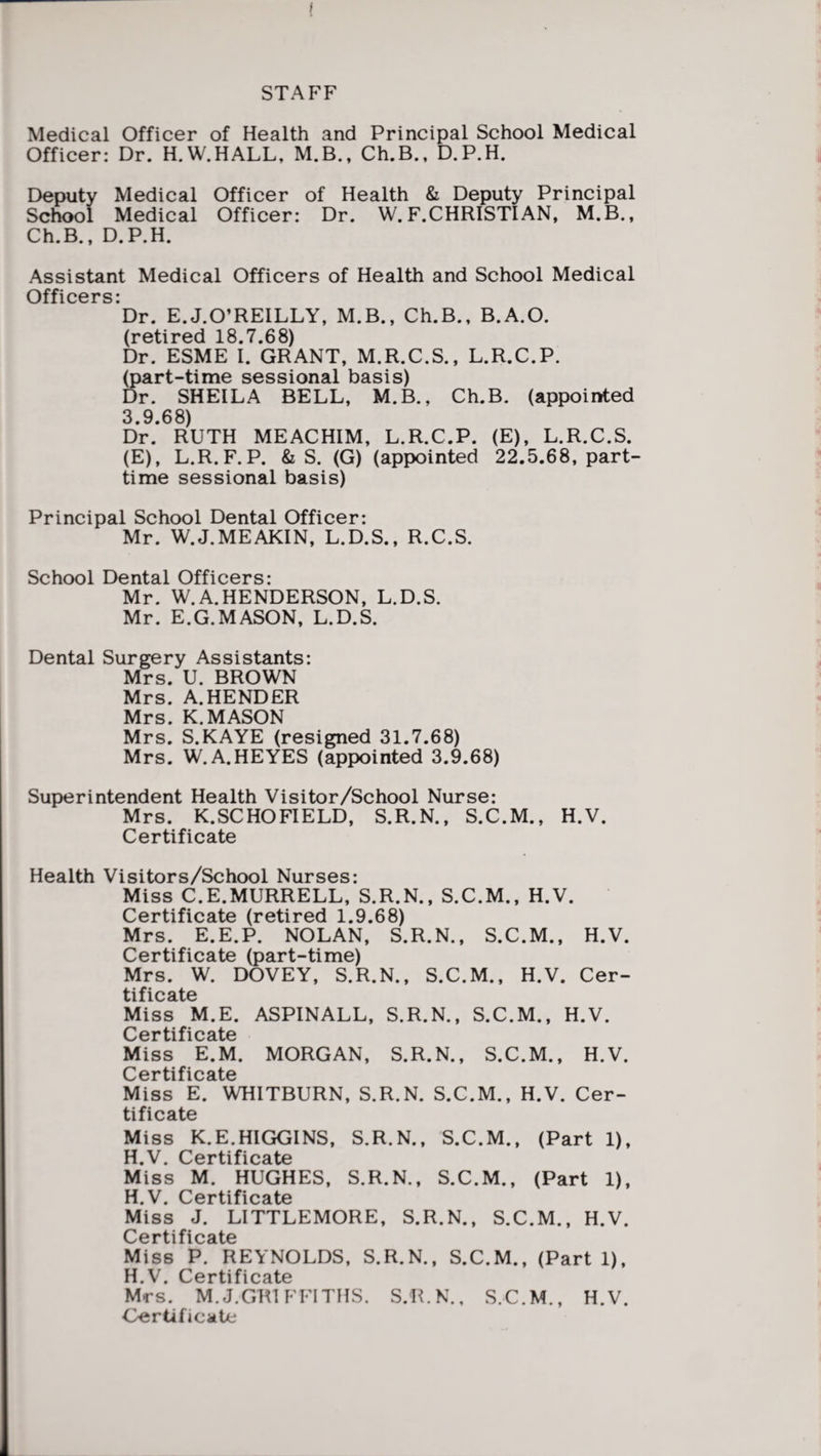 STAFF Medical Officer of Health and Principal School Medical Officer: Dr. H.W.HALL, M.B., Ch.B., D.P.H. Deputy Medical Officer of Health & Deputy Principal School Medical Officer: Dr. W. F.CHRISTIAN, M.B., Ch.B., D.P.H. Assistant Medical Officers of Health and School Medical Officers: Dr. E.J.O’REILLY, M.B., Ch.B., B.A.O. (retired 18.7.68) Dr. ESME I. GRANT, M.R.C.S., L.R.C.P. (part-time sessional basis) Dr. SHEILA BELL, M.B., Ch.B. (appointed 3.9.68) Dr. RUTH MEACHIM, L.R.C.P. (E), L.R.C.S. (E), L.R.F. P. & S. (G) (appointed 22.5.68, part- time sessional basis) Principal School Dental Officer: Mr. W.J.MEAKIN, L.D.S., R.C.S. School Dental Officers: Mr. W.A.HENDERSON, L.D.S. Mr. E.G.MASON, L.D.S. Dental Surgery Assistants: Mrs. U. BROWN Mrs. A.HENDER Mrs. K.MASON Mrs. S.KAYE (resigned 31.7.68) Mrs. W. A. HE YES (appointed 3.9.68) Superintendent Health Visitor/School Nurse: Mrs. K.SC HO FIELD, S.R.N., S.C.M., H.V. Certificate Health Visitors/School Nurses: Miss C.E.MURRELL, S.R.N., S.C.M., H.V. Certificate (retired 1.9.68) Mrs. E.E.P. NOLAN, S.R.N., S.C.M., H.V. Certificate (part-time) Mrs. W. DOVEY, S.R.N., S.C.M., H.V. Cer¬ tificate Miss M.E. ASPINALL, S.R.N., S.C.M., H.V. Certificate Miss E.M. MORGAN, S.R.N., S.C.M., H.V. Certificate Miss E. WHITBURN, S.R.N. S.C.M., H.V. Cer¬ tificate Miss K.E.HIGGINS, S.R.N., S.C.M., (Part 1), H V CGrtificftt© Miss M. HUGHES, S.R.N., S.C.M., (Part 1), H V Cprtifiratp Miss J. LITTLEMORE, S.R.N., S.C.M., H.V. C e r ti f i c ate Miss P. REYNOLDS, S.R.N., S.C.M., (Part 1), H.V. Certificate Mrs. M.J.GR1 FRITHS. S.R.N., S.C.M., H.V. Certificate