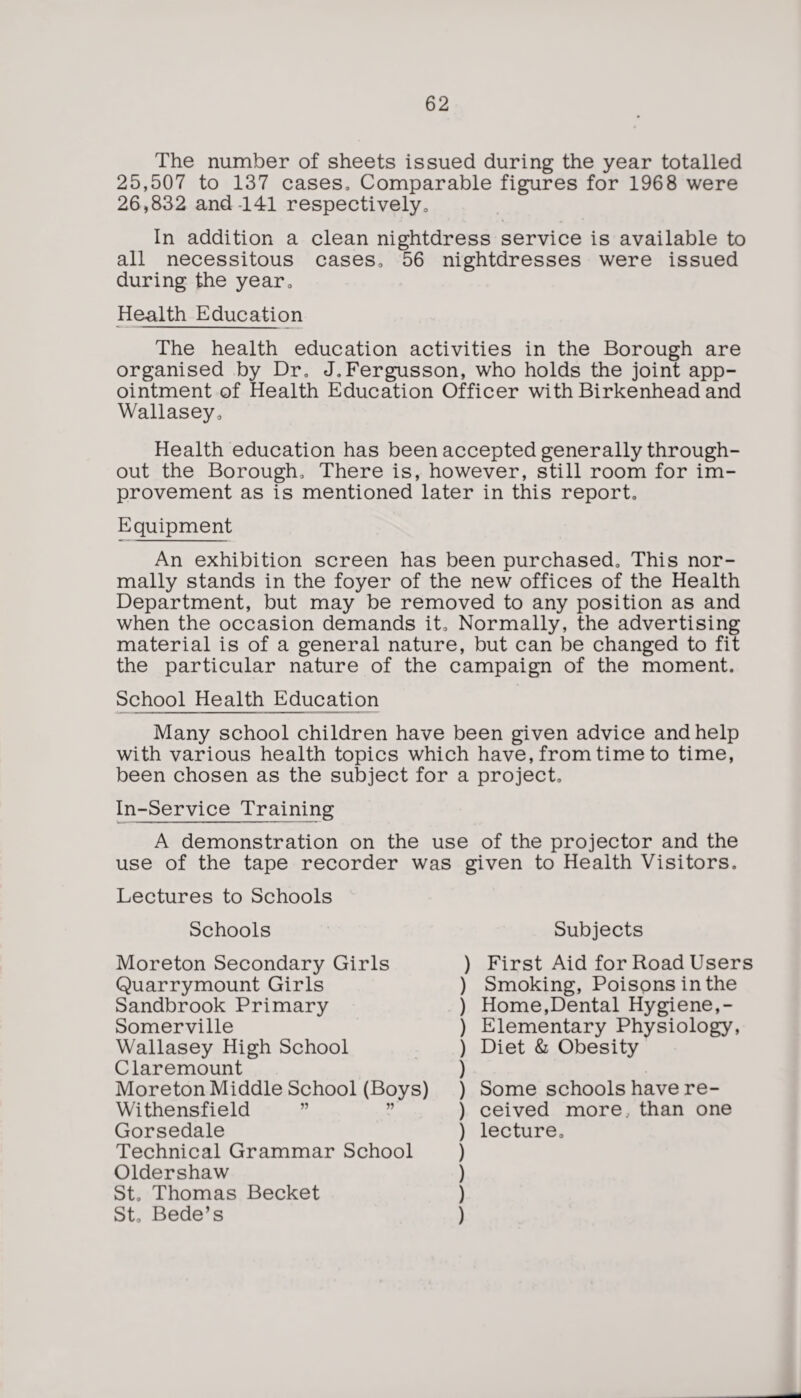 The number of sheets issued during the year totalled 25,507 to 137 cases. Comparable figures for 1968 were 26,832 and -141 respectively. In addition a clean nightdress service is available to all necessitous cases, 56 nightdresses were issued during the year. Health Education The health education activities in the Borough are organised by Dr, J,Fergusson, who holds the joint app¬ ointment of Health Education Officer with Birkenhead and Wallasey, Health education has been accepted generally through¬ out the Borough, There is, however, still room for im¬ provement as is mentioned later in this report. Equipment An exhibition screen has been purchased. This nor¬ mally stands in the foyer of the new offices of the Health Department, but may be removed to any position as and when the occasion demands it. Normally, the advertising material is of a general nature, but can be changed to fit the particular nature of the campaign of the moment. School Health Education Many school children have been given advice and help with various health topics which have, from time to time, been chosen as the subject for a project, In-Service Training A demonstration on the use of the projector and the use of the tape recorder was given to Health Visitors. Lectures to Schools Schools Moreton Secondary Girls Quarrymount Girls Sandbrook Primary Somerville Wallasey High School Claremount Moreton Middle School (Boys) Withensfield Gorsedale Technical Grammar School Oldershaw St, Thomas Becket St, Bede’s Subjects ) First Aid for Road Users ) Smoking, Poisons in the ) Home,Dental Hygiene,- ) Elementary Physiology, ) Diet & Obesity ) ) Some schools have re- ) ceived more, than one ) lecture, ) ) ) )