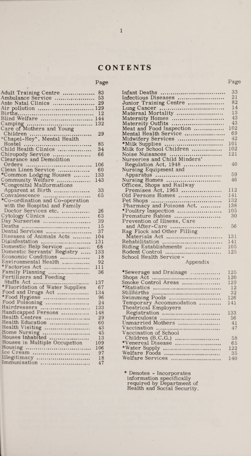 CONTENTS Page Adult Training Centre . Ambulance Service . Ante Natal Clinics . Air pollution . Birms. Blind Welfare . Camping . Care of Mothers and Young Children . “Chapel-Hey”, Mental Health Hostel . Child Health Clinics . Chiropody Service . Clearance and Demolition Orders . Clean Linen Service . ♦Common Lodging Houses . Community Welfare . ♦Congenital Malformations Apparent at Birth . Convalescence . ♦Co-ordination and Co-operation with the Hospital and Family Doctor Services etc. Cytology Clinics . Day Nurseries . Deaths . Dental Services . Diseases of Animals Acts . Disinfestation . Domestic Help Service .. Domestic Servants’ Registry .... Economic Conditions . Environmental Health . ♦Factories Act . Family Planning . Fertilizers and Feeding Stuffs Act . ♦Fluoridation of Water Supplies Food and Drugs Act . ♦Food Hygiene . Food Poisoning . Hairdressers . Handic^ped Persons . Health Centres . Health Education . Health Visiting . Home Nursing . Houses Inhabited . Houses in Multiple Occupation Housing . Ice Cream . Illegitimacy . Immunisation . 83 53 29 129 12 144 132 29 85 34 66 106 60 133 143 33 65 26 63 39 15 37 104 131 68 133 18 92 111 36 137 67 134 96 24 133 148 29 60 43 45 13 109 106 97 18 47 Page Infant Deaths . 33 Infectious Diseases . 21 Junior Training Centre . 82 Lung Cancer . 14 Maternal Mortality . 13 Maternity Homes . 43 Maternity Outfits . 43 Meat and Food Inspection . 102 Mental Health Service . 69 Midwifery Services . 42 ♦Milk Supplies . 101 Milk for School Children . 102 Noise Nuisances . 121 Nurseries and Child Minders’ Regulation Act, 1948 . 40 Nursing Equipment and Apparatus . 59 Nursing Homes . 46 Offices, Shops and Railway Premises Act, 1963 . 112 Old Persons Homes . 141 Pet Shops . 132 Pharmacy and Poisons Act. 138 ♦Poultry Inspection . 105 Premature Babies . 30 Prevention of Illness, Care and After-Care . 56 Rag Flock and Other Filling Materials Act . 131 Rehabilitation . 141 Riding Establishments . 105 Rodent Control . 125 School Health Service - Appendix ♦Sewerage and Drainage . 125 Shops Act . 120 Smoke Control Areas . 129 ♦Statistics . 12 Stillbirths . 32 Swimming Pools . 126 Temporary Accommodation . 141 Theatrical Employers Registration . 133 Tuberculosis . 56 Unmarried Mothers . 41 Vaccination . 47 Vaccination of School Children (B.C.G.) . 58 ♦Venereal Disease . 65 ♦Water Supply . 122 Welfare Foods . 35 Welfare Services . 140 ♦ Denotes - Incorporates information specifically required by Department of Health and Social Security.