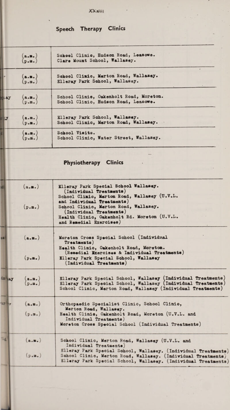 XX* W l Speech Therapy Clinics School Clinio, Hudson Hoad, Leasowe. Clara Mount Sohool, Wallasey. Sohool Clinic, Merton Road, Wallasey. Elleray Park School, Wallasey. School Clinio, Oakenholt Hoad, Moreton. Sohool Clinio, Hudson Hoad, Leasowe. Elleray Park Sohool, Wallasey. Sohool Clinic, Merton Hoad, Wallasey. Sohool Visits. School Clinio, Water Street, Wallasey. Physiotherapy Clinics Elleray Park Special Sohool Wallasey. (individual Treatments) School Clinio, Merton Hoad, Wallasey (U.V.L. and Individual Treatments) Sohool Clinic, Merton Hoad, Wallasey. (individual Treatments) Health Clinio, Oakenholt Hd. Moreton (U.V.L. and Remedial Exercises) Moreton Cross Special Sohool (individual Treatments) Health Clinio, Oakenholt Road, Moreton. (Remedial Exeroises & Individual Treatments) Elleray Park Special Sohool, Wallasey (individual Treatments) Elleray Park Special School, Wallasey (individual Treatments) Elleray Park Speoial School, Wallasey (Individual Treatments) School Clinic, Merton Hoad, Wallasey (individual Treatments) Orthopaedic Specialist Clinic, School Clinio, Merton Road, Wallasey. Health Clinio, Oakenholt Road, Moreton (U.V.L. and Individual Treatments) Moreton Cross Speoial School (individual Treatments) School Clinio, Merton Road, Wallasey (U.V.L. and Individual Treatments) Elleray Park Special Sohool, Wallasey, (individual Treatments Sohool Clinic, Merton Road, Wallasey, (individual Treatments) Elleray Park Special School, Wallasey, (individual Treatments ) )