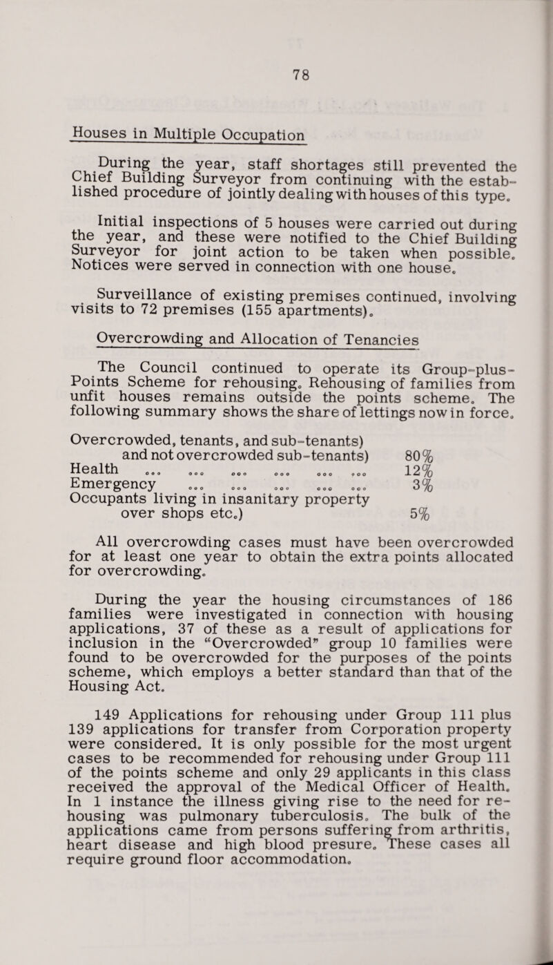 Houses in Multiple Occupation During the year, staff shortages still prevented the Chief Building Surveyor from continuing with the estab¬ lished procedure of jointly dealing with houses of this type. Initial inspections of 5 houses were carried out during the year, and these were notified to the Chief Building Surveyor for joint action to be taken when possible. Notices were served in connection with one house. Surveillance of existing premises continued, involving visits to 72 premises (155 apartments), Overcrowding and Allocation of Tenancies The Council continued to operate its Group-plus- Points Scheme for rehousing,, Rehousing of families from unfit houses remains outside the points scheme,, The following summary shows the share of lettings nowin force,, Overcrowded, tenants, and sub-tenants) and not overcrowded sub-tenants) Hpalth A A ^ ^ ^ OOO OOO OOO o O O OOO OOO Emergency Occupants living in insanitary property over shops etc0) 80% 12% 3% 5% All overcrowding cases must have been overcrowded for at least one year to obtain the extra points allocated for overcrowdingo During the year the housing circumstances of 186 families were investigated in connection with housing applications, 37 of these as a result of applications for inclusion in the “Overcrowded group 10 families were found to be overcrowded for the purposes of the points scheme, which employs a better standard than that of the Housing Act, 149 Applications for rehousing under Group 111 plus 139 applications for transfer from Corporation property were considered,, It is only possible for the most urgent cases to be recommended for rehousing under Group 111 of the points scheme and only 29 applicants in this class received the approval of the Medical Officer of Health. In 1 instance the illness giving rise to the need for re¬ housing was pulmonary tuberculosis. The bulk of the applications came from persons suffering from arthritis, heart disease and high blood presure. These cases all require ground floor accommodation.