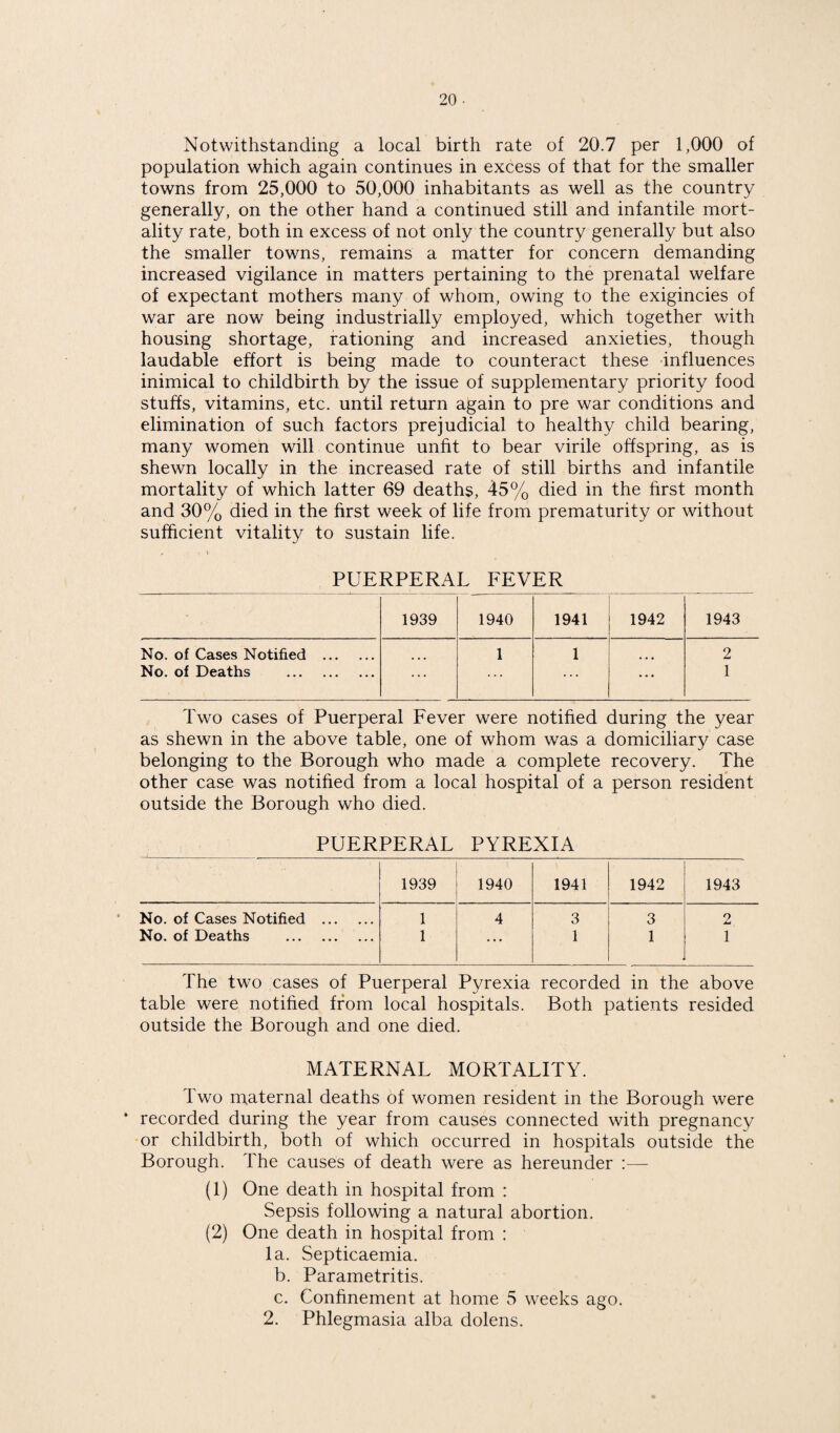 Notwithstanding a local birth rate of 20.7 per 1,000 of population which again continues in excess of that for the smaller towns from 25,000 to 50,000 inhabitants as well as the country generally, on the other hand a continued still and infantile mort¬ ality rate, both in excess of not only the country generally but also the smaller towns, remains a matter for concern demanding increased vigilance in matters pertaining to the prenatal welfare of expectant mothers many of whom, owing to the exigincies of war are now being industrially employed, which together with housing shortage, rationing and increased anxieties, though laudable effort is being made to counteract these influences inimical to childbirth by the issue of supplementary priority food stuffs, vitamins, etc. until return again to pre war conditions and elimination of such factors prejudicial to healthy child bearing, many women will continue unfit to bear virile offspring, as is shewn locally in the increased rate of still births and infantile mortality of which latter 69 deaths, 45% died in the first month and 30% died in the first week of life from prematurity or without sufficient vitality to sustain life. PUERPERAL EEVER 1939 1940 1941 1942 1943 No. of Cases Notified . 1 1 2 No. of Deaths . • • • 1 Two cases of Puerperal Fever were notified during the year as shewn in the above table, one of whom was a domiciliary case belonging to the Borough who made a complete recovery. The other case was notified from a local hospital of a person resident outside the Borough who died. PUERPERAL PYREXIA 1939 1940 1941 1942 1943 No. of Cases Notified . 1 4 3 3 2 No. of Deaths . 1 ... 1 1 1 The two cases of Puerperal Pyrexia recorded in the above table were notified from local hospitals. Both patients resided outside the Borough and one died. MATERNAL MORTALITY. Two maternal deaths of women resident in the Borough were * recorded during the year from causes connected with pregnancy or childbirth, both of which occurred in hospitals outside the Borough. The causes of death were as hereunder (1) One death in hospital from : Sepsis following a natural abortion. (2) One death in hospital from : la. Septicaemia. b. Parametritis. c. Confinement at home 5 weeks ago. 2. Phlegmasia alba dolens.