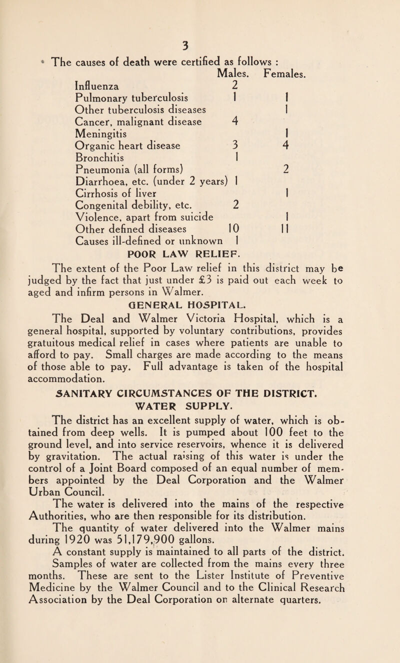 • The causes of death were certified as follows : Males. Females. Influenza 2 Pulmonary tuberculosis 1 1 Other tuberculosis diseases 1 Cancer, malignant disease 4 Meningitis 1 Organic heart disease 3 4 Bronchitis 1 Pneumonia (all forms) 2 Diarrhoea, etc. (under 2 years) 1 Cirrhosis of liver 1 Congenital debility, etc. 2 Violence, apart from suicide 1 Other defined diseases 10 11 Causes ill-defined or unknown POOR LAW RELIEF. The extent of the Poor Law relief in this district may be judged by the fact that just under £3 is paid out each week to aged and infirm persons in Walmer. GENERAL HOSPITAL. The Deal and Walmer Victoria Hospital, which is a general hospital, supported by voluntary contributions, provides gratuitous medical relief in cases where patients are unable to afford to pay. Small charges are made according to the means of those able to pay. Full advantage is taken of the hospital accommodation. SANITARY CIRCUMSTANCES OF THE DISTRICT. WATER SUPPLY. The district has an excellent supply of water, which is ob¬ tained from deep wells. It is pumped about 100 feet to the ground level, and into service reservoirs, whence it is delivered by gravitation. The actual raising of this water is under the control of a Joint Board composed of an equal number of mem¬ bers appointed by the Deal Corporation and the Walmer Urban Council. The water is delivered into the mains of the respective Authorities, who are then responsible for its distribution. The quantity of water delivered into the Walmer mains during 1920 was 51,179,900 gallons. A constant supply is maintained to all parts of the district. Samples of water are collected from the mains every three months. These are sent to the Lister Institute of Preventive Medicine by the Walmer Council and to the Clinical Research Association by the Deal Corporation on alternate quarters.