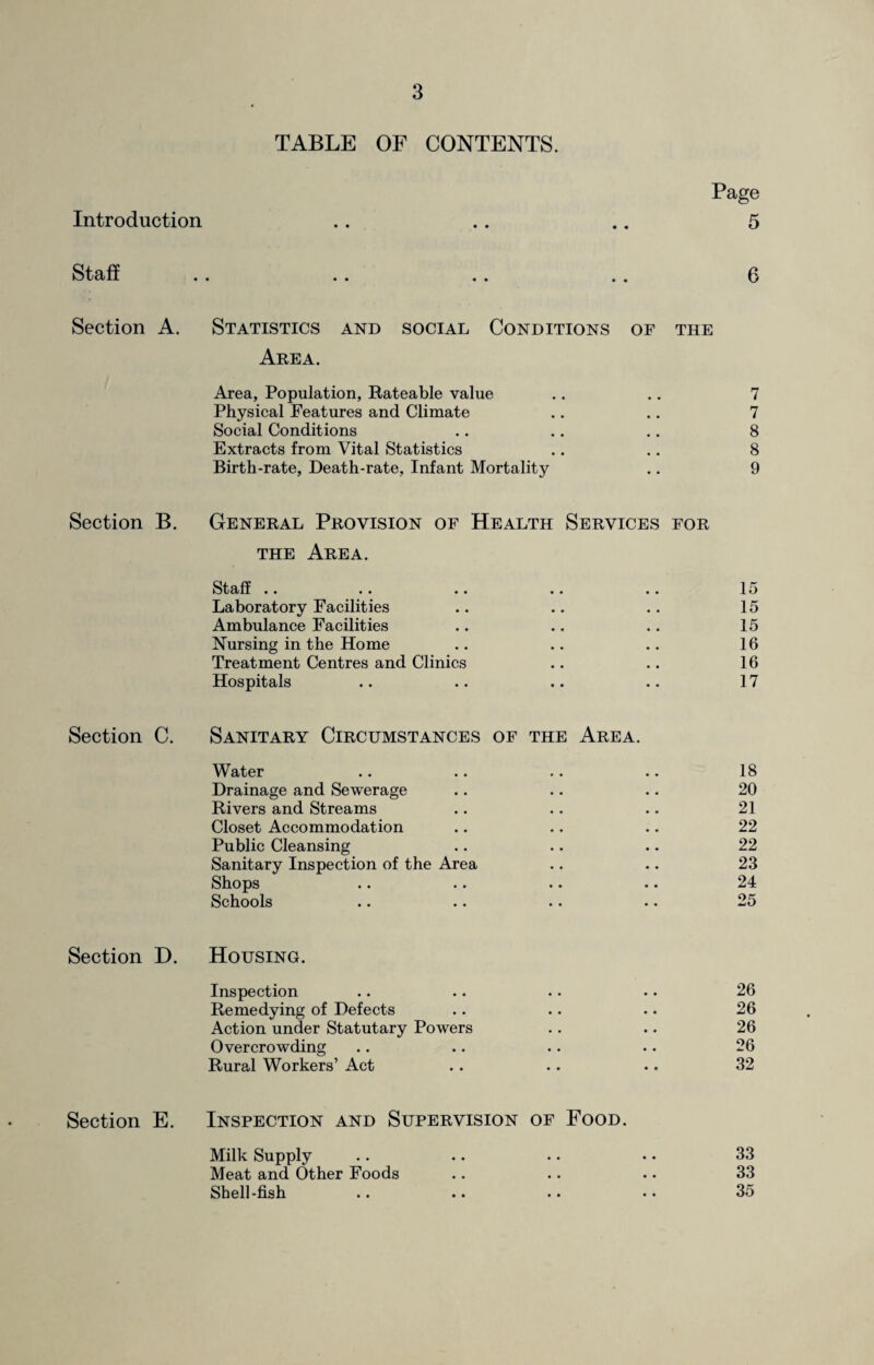 TABLE OF CONTENTS. Page Introduction .. .. .. 5 Staff . . .. .. . . 6 Section A. Statistics and social Conditions of the Area. Area, Population, Rateable value .. .. 7 Physical Features and Climate .. .. 7 Social Conditions .. .. .. 8 Extracts from Vital Statistics .. .. 8 Birth-rate, Death-rate, Infant Mortality .. 9 Section B. General Provision of Health Services for the Area. Staff .. .. .. .. .. 15 Laboratory Facilities .. .. .. 15 Ambulance Facilities .. .. .. 15 Nursing in the Home .. .. .. 16 Treatment Centres and Clinics .. .. 16 Hospitals .. .. .. .. 17 Section C. Sanitary Circumstances of the Area. Water .. .. .. .. 18 Drainage and Sewerage .. .. .. 20 Rivers and Streams .. .. .. 21 Closet Accommodation .. .. .. 22 Public Cleansing .. .. .. 22 Sanitary Inspection of the Area .. .. 23 Shops .. .. .. .. 24 Schools .. .. •. •. 25 Section D. Housing. Inspection .. .. .. .. 26 Remedying of Defects .. .. • • 26 Action under Statutary Powers .. .. 26 Overcrowding .. .. .. •. 26 Rural Workers’ Act .. .. .. 32 Section E. Inspection and Supervision of Food. Milk Supply .. .. . • • • 33 Meat and Other Foods .. .. .. 33 Shell-fish .. .. .. • • 35