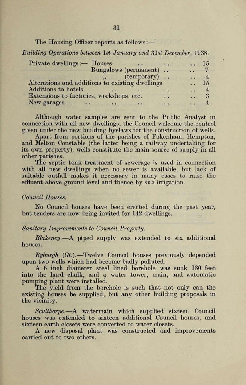 The Housing Officer reports as follows:— Building Operations between ls£ January and 31s£ December, 1938. Private dwellings:— Houses .. .. ..15 Bungalows (permanent) .. .. 7 ,, (temporary) .. .. 4 Alterations and additions to existing dwellings .. 15 Additions to hotels .. .. .. .. 4 Extensions to factories, workshops, etc. .. .. 3 New garages . . .. .. .. 4 Although water samples are sent to the Public Analyst in connection with all new dwellings, the Council welcome the control given under the new building byelaws for the construction of wells. Apart from portions of the parishes of Fakenham, Hempton, and Melton Constable (the latter being a railway undertaking for its own property), wells constitute the main source of supply in all other parishes. The septic tank treatment of sewerage is used in connection with all new dwellings when no sewer is available, but lack of suitable outfall makes it necessary in many cases to raise the effluent above ground level and thence by sub-irrigation. Council Houses. No Council houses have been erected during the past year, but tenders are now being invited for 142 dwellings. Sanitary Improvements to Council Property. Blakeney.—A piped supply was extended to six additional houses. Byburgh (Gt.).—Twelve Council houses previously depended upon two wells which had become badly polluted. A 6 inch diameter steel lined borehole was sunk 180 feet into the hard chalk, and a water tower, main, and automatic pumping plant were installed. The yield from the borehole is such that not only can the existing houses be supplied, but any other building proposals in the vicinitv. Sculthorpe.—A watermain which supplied sixteen Council houses was extended to sixteen additional Council houses, and sixteen earth closets were converted to water closets. A new disposal plant was constructed and improvements carried out to two others.