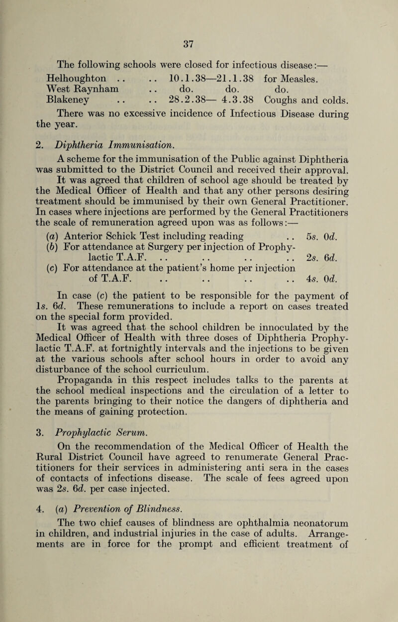The following schools were closed for infectious disease:— Helhoughton . . .. 10.1.38—21.1.38 for Measles. West Raynham .. do. do. do. Blakeney .. .. 28.2.38— 4.3.38 Coughs and colds. There was no excessive incidence of Infectious Disease during the year. 2. Diphtheria Immunisation. A scheme for the immunisation of the Public against Diphtheria was submitted to the District Council and received their approval. It was agreed that children of school age should be treated by the Medical Officer of Health and that any other persons desiring treatment should be immunised by their own General Practitioner. In cases where injections are performed by the General Practitioners the scale of remuneration agreed upon was as follows:— (a) Anterior Schick Test including reading .. 5s. 0d. (b) For attendance at Surgery per injection of Prophy¬ lactic T.A.F. .. .. .. .. 2s. 6d. (c) For attendance at the patient’s home per injection of T.A.F. .. .. .. .. 4s. 0d. In case (c) the patient to be responsible for the payment of Is. 6d. These remunerations to include a report on cases treated on the special form provided. It was agreed that the school children be innoculated by the Medical Officer of Health with three doses of Diphtheria Prophy¬ lactic T.A.F. at fortnightly intervals and the injections to be given at the various schools after school hours in order to avoid any disturbance of the school curriculum. Propaganda in this respect includes talks to the parents at the school medical inspections and the circulation of a letter to the parents bringing to their notice the dangers of diphtheria and the means of gaining protection. 3. Prophylactic Serum. On the recommendation of the Medical Officer of Health the Rural District Council have agreed to renumerate General Prac¬ titioners for their services in administering anti sera in the cases of contacts of infections disease. The scale of fees agreed upon was 2s. 6d. per case injected. 4. (a) Prevention of Blindness. The two chief causes of blindness are ophthalmia neonatorum in children, and industrial injuries in the case of adults. Arrange¬ ments are in force for the prompt and efficient treatment of