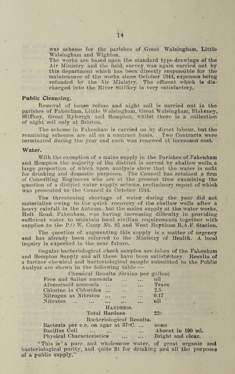 war scheme for the parishes of Great Walsingham, Little Walsingham and Wighton. The works are based upon the standard type drawings of the Air Ministry and the field survey was again carried out by this department which has been directly responsible for the maintenance of the works since October 1944, expenses being refunded by the Air Ministry. The effluent which is dis¬ charged into the River Stifikey is very satisfactory. Public Cleansing. Removal of house refuse and night soil is carried out in the parishes of Fakenham, Little Walsingham, Great Walsingham, Blakeney, Stiffkey, Great Ryburgh and Hempton, whilst there is a collection of night soil only at Briston. The scheme in Fakenham is carried on by direct labour, but the remaining schemes are all on a contract basis. Two Contracts were terminated during the year and each was reneAved at increased cost. Water. With the exception of a mains supply in the Parishes of Fakenham and Hempton the majority of the district is seiwed by shallow wells, a large proportion of which upon analysis show that the water is unfit for drinking and domestic purposes. The Council has retained a firm of Consulting Engineers who are at the present time examining the question of a district water supply scheme, preliminary report of which was presented to the Council in October 1944. The threatening shortage of water during the year did not materialise owing to the quick recovery of the shallow wells after a heavy rainfall in the Autumn, but the mains supply at the Avater Avorks, Holt Road, Fakenham, was having increasing difficulty in proAuding sufficient water to maintain local ciA7ilian requirements together Avith supplies to the P.O.W. Camp No. 82 and West Raynham R.A.F. Station. The question of augmenting this supply is a matter of urgency and has already been referred to the Ministry of Health. A local inquiry is expected in the near future. Kegular bacteriological check samples are taken of the Fakenham and Hempton Supply and all these have been satisfactory. Results of a further chemical and bacteriological sample submitted to the Public Analyst are sliOAvn in the following table :— Chemical Results (Grains per gallon) Free and Saline ammonia ... ... nil Albuminoid ammonia . Trace Chlorine in Chlorides ... ... ... 2.5 Nitrogen as Nitrates . ... 0.17 Nitrates ... ... . ... nil Hardness. Total Hardnes 22o Bacteriological Results. Bacteria per c.c. on agar at 37°C. ... none Bacillus Coli . Absent in 100 ml. Physical Characteristics . Bright and clear. “This is a pure and Avholesome water, of great organic and bacteriological purity, and quite fit for drinking and all the purposes of a public supply.”