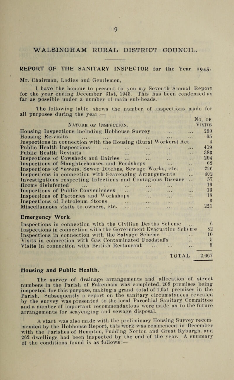 WALSINGHAM RURAL DISTRICT COUNCIL. REPORT OF THE SANITARY INSPECTOR for the Year 1945. Mr. Cliairman, Ladies and GeiUlemen, 1 have the liononr to present to you my Seventh Annual Report for the year ending December 31st, 1945. This has been condensed as far as possible under a number of main sub-heads. The following table shows the number of inspections made for all purposes during the j^ear:— No. OF Natukk of Inspection. Visits Housing Inspections including Hobhouse Survey ... ... 299 Housing Re-visits ... ... ... ... ... ... 65 inspections in connection with the Housing (Rural Workers) Act 4 Public Health Inspections ... ... .. • ... 419 Public Health Revisits .. ... ... ... .. 383 Inspections of Cowsheds and Dairies ... ... ... .. 294 Inspections of Slaughterhouses and Foodshops ... .. 62 Inspections of Sewers, Sewer Ditches, Sewage Works, etc, ... 296 Inspections in connection with Scavenging Arrangements ... 402 Investigations respecting Infectious and Contagious Disease ... 57 Rooms disinfected ... ... ... ... ... ... 16 Inspections of Public Conveniences ... ... ... ... 13 Inspections of Factories and Workshops ... ... ... 18 Inspections of Petroleum Stores ... ... .. ... 6 Miscellaneous visits to owners, etc. ... ... ... ... 221 Emergency Work. Inspections in connection with the Civilian Deaths Sclicme ... 6 Inspections in connection with the Government Evacuation ScIk n e 82 Inspections in connection with the Salvage Scheme ... ... 10 Visits in connection with Gas Contaminated FoodstulTs ... 5 Visits in connection with British Restaurant ... ... ... 9 TOTAL 2,667 Housing and Public Health. The survey of drainage arrangements and allocation of street numbers in the Parish of Fakenham was completed, 208 premises being inspected for this purpose, making a grand total of 1,051 premises in the Parish. Subsequentlj a report on the sanitary circumstances revealed by the survey was presented to the local Parochial Sanitary Committee and a number of important recommendations were made as to the future arrangements for scavenging and sewage disposal. A start was also made with the preliminary Housing Survey recom¬ mended by the Hobhouse Report, this work was commenced in December with the i’arishes of Hempton, Ihidding Norton and Great Ryburgh, and 262 dwellings had been inspected by the end of the year. A summary of the conditions found is as follows:—