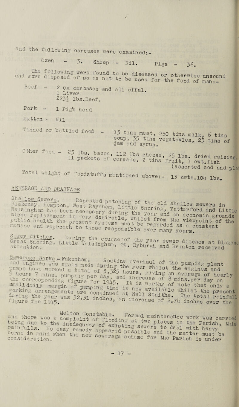 ! an^ fol1owing carcases were examined:- Oxen 3. She ep hil. Pigs 36. and xhe following were found to be were disposed of so as not to be diseased or otherwise used for the food of Beef - 2 Qx carcases and all offal 1 Liver 223-g- lbs.Beef. Pork - i Pig's head unsound man: - Mutton - Nil iinnod or bottled food 13 tins meat, 250 tins milk, 6 tins soup, 3j tins vegetables, 23 tins of Dam and syrup. ? 01 Other food - 25 lbs. bacon, 112 lbs 11 packets of cereals, Total weight of foodstuffs mentioned cheese, 25.lbs. dried raisins, 2 Gins fruit, 1 cwt.fish (assorted cod and plai above:- 13 cwts.104 lbs. §K v'PACt3 AND DRAINAGE :T:iiken67H^fton, Weste|aynhaStCLittl°fqthe-0ld shallow S0wers in 7/alsingham has been necessnrv Ll L °ringj Tatterford and Litt] alone replacement is -ery desirib1pg wh J and °n economic grounds public health the present ’ ihilst from the viewpoint of the menace and reProac£ 0^f ™ *1^°^ ■jwer _ditches. C-fre at Sn0ring, ftent ion. Littlen|piginohmSeGtf Pvh BV6r dltches ot Blake is_ngnam, Gt. Ryburgh and Brinton received -ewera^e Jerks - Fnkenham. uid engines was again made dpring the vlar whilst^ pUmpmg plent pumps have worked a total of 3 323 ” hfst the engines and 9 hours 7 mins, pumping hr aiv LdT ’ Slvinf f» a™*°S* of hearly the corresponding 8 mlns-per on small daily margin of tw ,h 13 Horthy ot note that only a working arrangements are continued • t HnTl 15 ih?le the presen during the year was 32.31 inclesfan increase of Ih, *oto1 ^ figure for 19U5. increase of 2.72+ inches over the end there was . . - complaint of Soodin h two ? °6 Work was carrie' being due to the inadequacy of existfrl P !0ei? ln the Parish, thi, rainfalls. Ho easy r eme dy % he alh S Sf’ers to deal wlth heavy borne in mind when the new sewerage sohor^1? sncJ, the matter must he consideration» sewerage scheme for the Parish is under