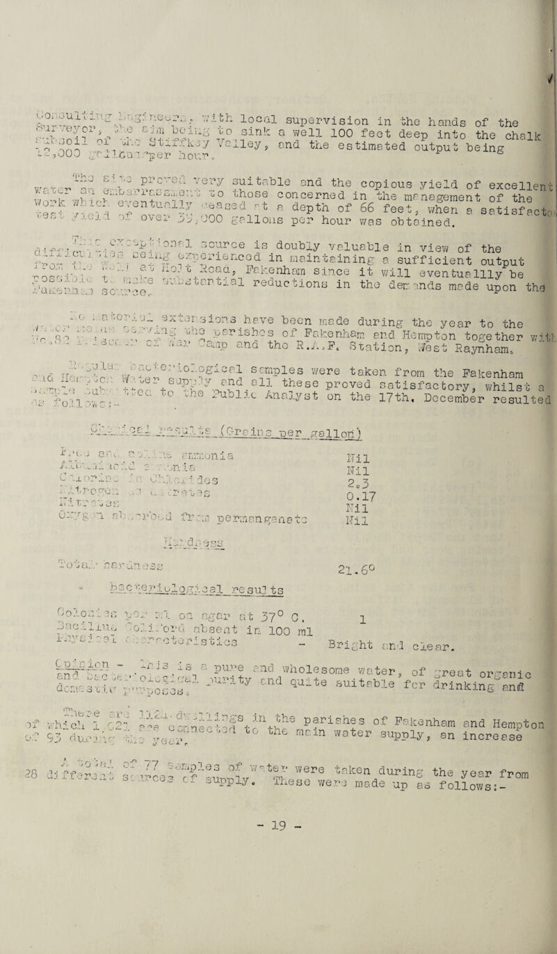 r;euf-f '7ith local supervision in the hands of the Af * *Bin!c a wel1 100 feGt deep into the chalk ‘,o °1 -- “G-ley ? end the estimated output being 000 griLcno-’per hour, r-xe^an evi't^^r°i>-ery suitable and the copious yield of excellent i,J ~ h j. c.^oluo.. u uo those concerned in the management of the ££ hi*, tTe\rt R aepth °f 66 feeU when a safirfactc 0 J-Gj-d 5- ove^‘ 1^,000 gallons per hour was obtained. a-! -pw- 1.^1°.^J ’onal source is doubly valuable in view of the ; ':r h:u LeTag experienced in maintaining a sufficient output nos sib ;V. t v'-ke sin?e dt wdl1 even tua lily be 11 a ue mi on s cur c o :;,;pu -i-'.ootantial reductions in the demands made upon the .u. ,er ■ip «■-> T1 ■a amp . :a nc >n a j. O *y J- 7) y L U/ X ■ s ion i .as - 6 :■? v i d o u - * i O %' n ‘ ^ L/c -1 ,~1 , >« .. O U ).. - -- u. — i? V 3.1* Oarnp u la:. i - a c * e: *iol ogic hen If h te r sup 7; Tiy a: , e ~ --------- o-l x'cur..cy.i.iu nempxon togethe ■ -var .amp and the R.A.F. Station, fest Raynham, .1 -•; n Vv, •' • j U. i... tteci 11 DVv S o - - olj ’ be,-., ’ee anc e. ah : lb' .mi :io .* -i ox or in o . n C '.t remj;... -i ? u hr - L-h § _ (drains ue r g all oh) A li I-/ :i tr nj of;. .on is u lj Nil Nil 2*3 0,17 Ou'/g n ah rroml from permanganate i:..' dness O j cl, _ J. 0 ,£■ Nil 21,6° r hscRQriological resu]ts »o ho10hhes per ml on agar at 37° 0, haciliuo loliford absent in 100 ml l'hysi o al c . oractoristics _ Bright and clear. Isrfuh-HbhIhhu demo 3 X i. vr 7;1 V?poSOS o nfl bnc.e-oicciesl purity and hhiehtiiabhher tolnkin^anfl >f which*! .oh hhccrnec^fhht^9 p?rish?3 of Fakenham and Hemptor of 93 avu'jfh: 0:: *«hh rarln wster supply, an increase 28 dj ffere.it s- *er® token aurin3 the year from “* Ci suPply. These were made up as followss-