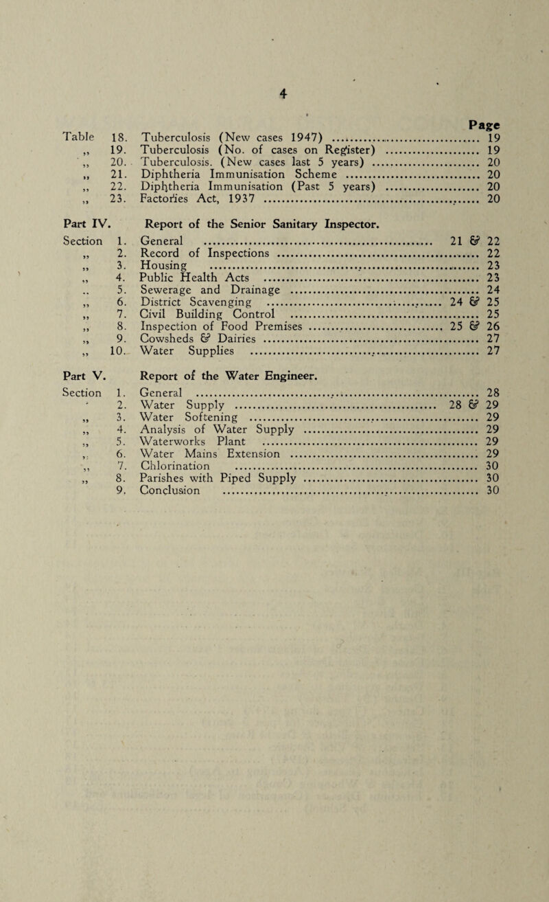 Page Table 18. Tuberculosis (New cases 1947) ...i. 19 ,, 19. Tuberculosis (No. of cases on Register) . 19 ' ,, 20. • Tuberculosis. (New cases last 5 years) . 20 „ 21. Diphtheria Immunisation Scheme . 20 „ 22. Diphtheria Immunisation (Past 5 years) . 20 ,, 23. Factories Act, 1937 ... 20 Part IV. Report of the Senior Sanitary Inspector. Section 1. General . 21 22 „ 2. Record of Inspections . 22 ,, 3. Housing . 23 „ 4. Public Health Acts . 23 5. Sewerage and Drainage . 24 ,, 6. District Scavenging . 24 25 ,, 7. Civil Building Control . 25 „ 8. Inspection of Food Premises . 25 6? 26 ,, 9. Cowsheds 6? Dairies . 27 ,, 10. Water Supplies . 27 Part V. Report of the Water Engineer. Section 1. General . 28 * 2. Water Supply . 28 6? 29 „ 3. Water Softening . 29 „ 4. Analysis of Water Supply . 29 ,, 5. Waterworks Plant . 29 6. Water Mains Extension . 29 ,, 7. Chlorination . 30 ,, 8. Parishes with Piped Supply . 30 9. Conclusion ....... 30