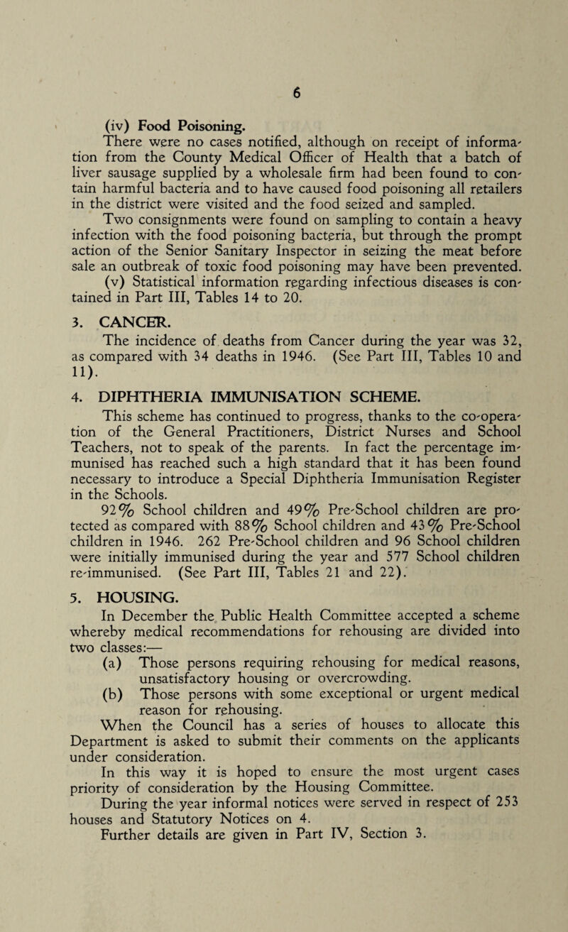 (iv) Food Poisoning. There were no cases notified, although on receipt of informa' tion from the County Medical Officer of Health that a batch of liver sausage supplied by a wholesale firm had been found to con' tain harmful bacteria and to have caused food poisoning all retailers in the district were visited and the food seized and sampled. Two consignments were found on sampling to contain a heavy infection with the food poisoning bacteria, but through the prompt action of the Senior Sanitary Inspector in seizing the meat before sale an outbreak of toxic food poisoning may have been prevented. (v) Statistical information regarding infectious diseases is con' tained in Part III, Tables 14 to 20. 3. CANCER. The incidence of deaths from Cancer during the year was 32, as compared with 34 deaths in 1946. (See Part III, Tables 10 and 11). 4. DIPHTHERIA IMMUNISATION SCHEME. This scheme has continued to progress, thanks to the co'opera' tion of the General Practitioners, District Nurses and School Teachers, not to speak of the parents. In fact the percentage im' munised has reached such a high standard that it has been found necessary to introduce a Special Diphtheria Immunisation Register in the Schools. 92% School children and 49% Pre'School children are pro' tected as compared with 88% School children and 43% Pre'School children in 1946. 262 Pre'School children and 96 School children were initially immunised during the year and 577 School children re'immunised. (See Part III, Tables 21 and 22). 5. HOUSING. In December the Public Health Committee accepted a scheme whereby medical recommendations for rehousing are divided into two classes:— (a) Those persons requiring rehousing for medical reasons, unsatisfactory housing or overcrowding. (b) Those persons with some exceptional or urgent medical reason for rehousing. When the Council has a series of houses to allocate this Department is asked to submit their comments on the applicants under consideration. In this way it is hoped to ensure the most urgent cases priority of consideration by the Housing Committee. During the year informal notices were served in respect of 253 houses and Statutory Notices on 4. Further details are given in Part IV, Section 3.