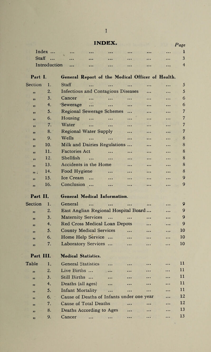 INDEX. Trid0?c»«a ••• ••• ••• ••• ••• ••• Introduction Part 1. General Report of the Medical Officer of Health. Section 1. Staff ... ... ... ... 5 n 2. Infectious and Contagious Diseases 5 ty 3. Cancer 6 1) 4. ‘Sewerage 6 M 5. Regional Sewerage Schemes ... 7 6. Housing 7 7. Water 7 M 8. Regional Water Supply 7 M 9. Wells 8 M 10. Milk and Dairies Regulations ... 8 M 11. Factories Act 8 >1 12. Shellfish 8 M 13. Accidents in the Home 8 14. Food Hygiene 8 >> 15. Ice Cream 9 tl 16. Conclusion ... 9 Part II. General Medical Information. Section 1. General 9 2. East Anglian Regional Hospital Board... 9 M 3. Maternity Services 9 It 4. Red Cross Medical Loan Depots 9 It 5. County Medical Services 10 It 6. Home Help Service ... 10 It 7. Laboratory Services ... 10 Part III. Medical Statistics. Table 1. General Statistics 11 It 2. Live Births ... 11 It 3. Still Births ... 11 It 4. Deaths (all ages) 11 It 5. Infant Mortality 11 It 6. Cause of Deaths of Infants under one year 12 It 7. Cause of Total Deaths 12 It 8. Deaths According to Ages 13 It 9. ^3ancer ... ... ... ... 13 Page 1 3 4