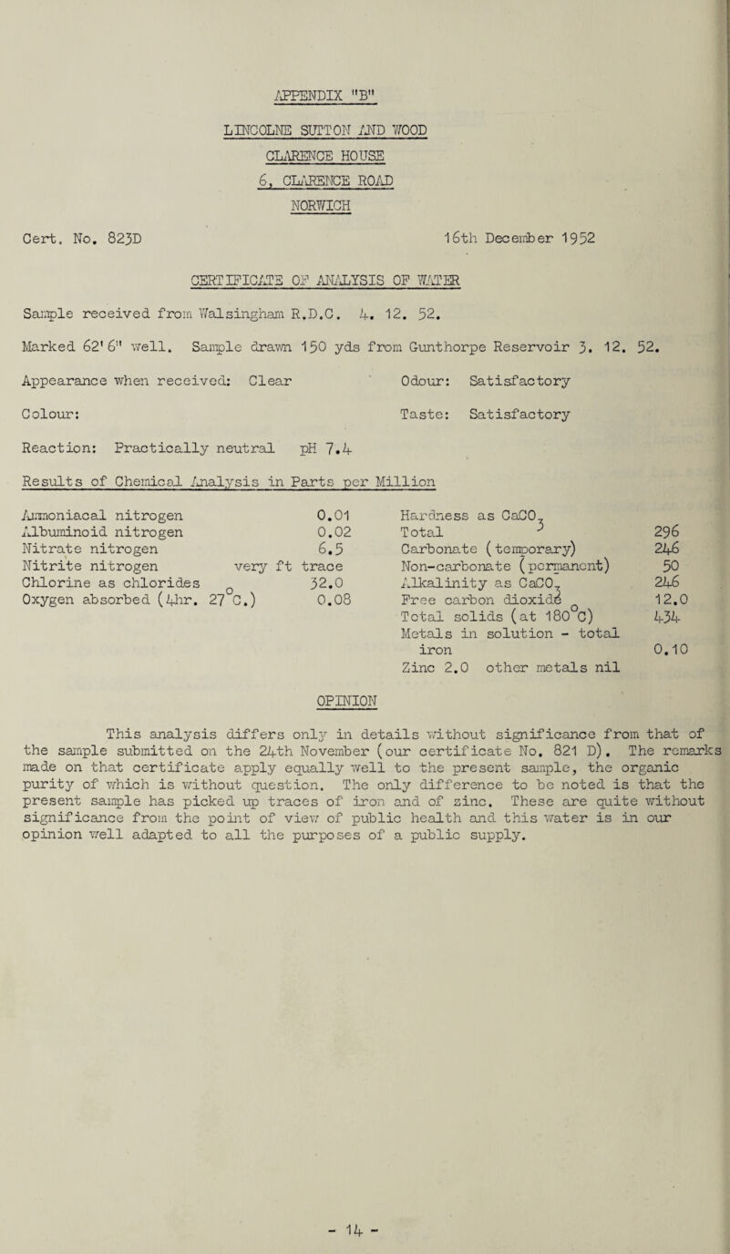 LINCOLNE SUTTON tfID WOOD CLARENCE HOUSE 6, CLARENCE ROAD NORWICH Cert, No. 823D 16th December 1952 CERTIFICATE OF ANALYSIS OF WATER Sample received from V/alsingham R.D.C. A. 12. 52. Marked 62'6 well. Sample drawn 150 yds from Gunthorpe Reservoir 3. 12. 52. Appearance when received: Clear Odour: Satisfactory Colour: Taste: Satisfactory Reaction: Practically neutral pH 7.4 Results of Chemical Analysis in Parts per Million Ammoniacal nitrogen 0.01 Albuminoid nitrogen 0.02 Nitrate nitrogen 6.5 Nitrite nitrogen very ft trace Chlorine as chlorides 32.0 Oxygen absorbed (4hr, 27 C.) 0.08 Hardness as CaCO T otal ^ Carbonate (temporary) Non-carbonate (permanent) Alkalinity as CaCOv Free carbon dioxide Total solids (at 180 C) Metals in solution - total iron Zinc 2.0 other metals nil 296 246 50 246 12.0 434 0.10 OPINION This analysis differs only in details without significance from that of the sample submitted on the 24th November (our certificate No. 821 D), The remarks made on that certificate apply equally well to the present sample, the organic purity of which is without question. The only difference to be noted is that the present sample has picked up traces of iron and of zinc. These are quite without significance from the point of view of public health and this water is in our opinion well adapted to all the purposes of a public supply.