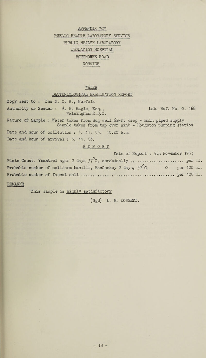 PUBLIC HEALTH LABORATORY SERVICE PUBLIC HEALTH LABORATORY ISOLATION HOSPITAL BOWTHORPE ROAD NORWICH WATER BACTERIOLOGICAL EXAMINATION REPORT Copy sent to : The M. 0. H., Norfolk Authority or Sender : A. H. Eagle, Esq., Lab. Ref. No. 0. 168 Walsingham R.D.C. Nature of Sample : Water taken from dug well 62-ft deep - main piped supply Sample taken from tap over sink - Houghton pumping station Date and hour of collection : 3. 11. 53. 10.20 a.m. Date and hour of arrival : 3. 11, 53. REPORT Date of Report : 5th November 1953 Plate Count. Yeastrel agar 2 days 37°C. aerobically ...... per ml. Probable number of coliform bacilli, MacConkey 2 days, 37°C. 0 per 100 ml. Probable number of faecal coli . .. per 100 ml. REMARKS This sample is highly satisfactory (Sgd) L. M. DOWSETT.