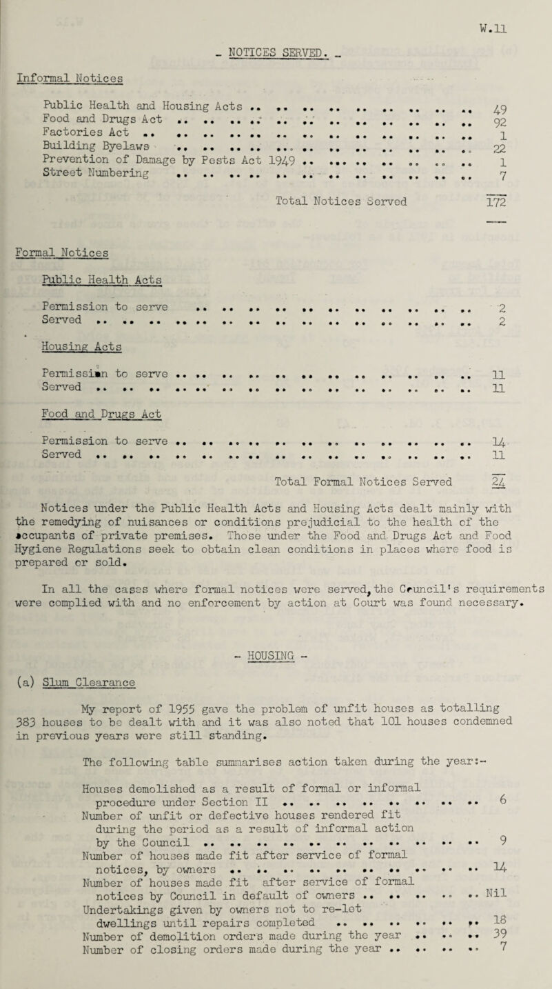 w.ll Informal Notices _ NOTICES SERVED. _ Public Health and Housing Acts .. ,. .. *... ^ Food and Drugs Act .... . 92 Factories Act. q Building Byelaws ♦ , .. ...... 22 Prevention of Damage by Pests Act 1949 •• ..... .. .. 1 Street Numbering .. ... #y Total Notices Served 172 Formal Notices Public Health Acts Permission to serve Served . Housing Acts Permission to serve Served . 9 2 11 11 Food and Drugs Act Permission to serve.. . 14 Served. ..<, .. .. .. 11 Total Formal Notices Served 24 Notices under the Public Health Acts and Housing Acts dealt mainly with the remedying of nuisances or conditions prejudicial to the health of the occupants of private premises. Those under the Food and Drugs Act and Food Hygiene Regulations seek to obtain clean conditions in places where food is prepared cr sold. In all the cases where formal notices were served,the Cruncil’s requirements were complied with and no enforcement by action at Court was found necessary. - HOUSING - (a) Slum Clearance My report of 1955 gave the problem of unfit houses as totalling 383 houses to be dealt with and it was also noted that 101 houses condemned in previous years were still standing. The following table summarises action taken during the year:- Houses demolished as a result of formal or informal procedure under Section II .. *• •• •» •• Number of unfit or defective houses rendered fit during the period as a result of informal action by the Council.. Number of houses made fit after service of formal notices, by owners .. ..14 Number of houses made fit after service of formal notices by Council in default of owners.. •• Nil Undertakings given by owners not to re-let dwellings until repairs completed .. .. .. •• •» *• 1' Number of demolition orders made during the year .. .« .. 39 Number of closing orders made during the year.•