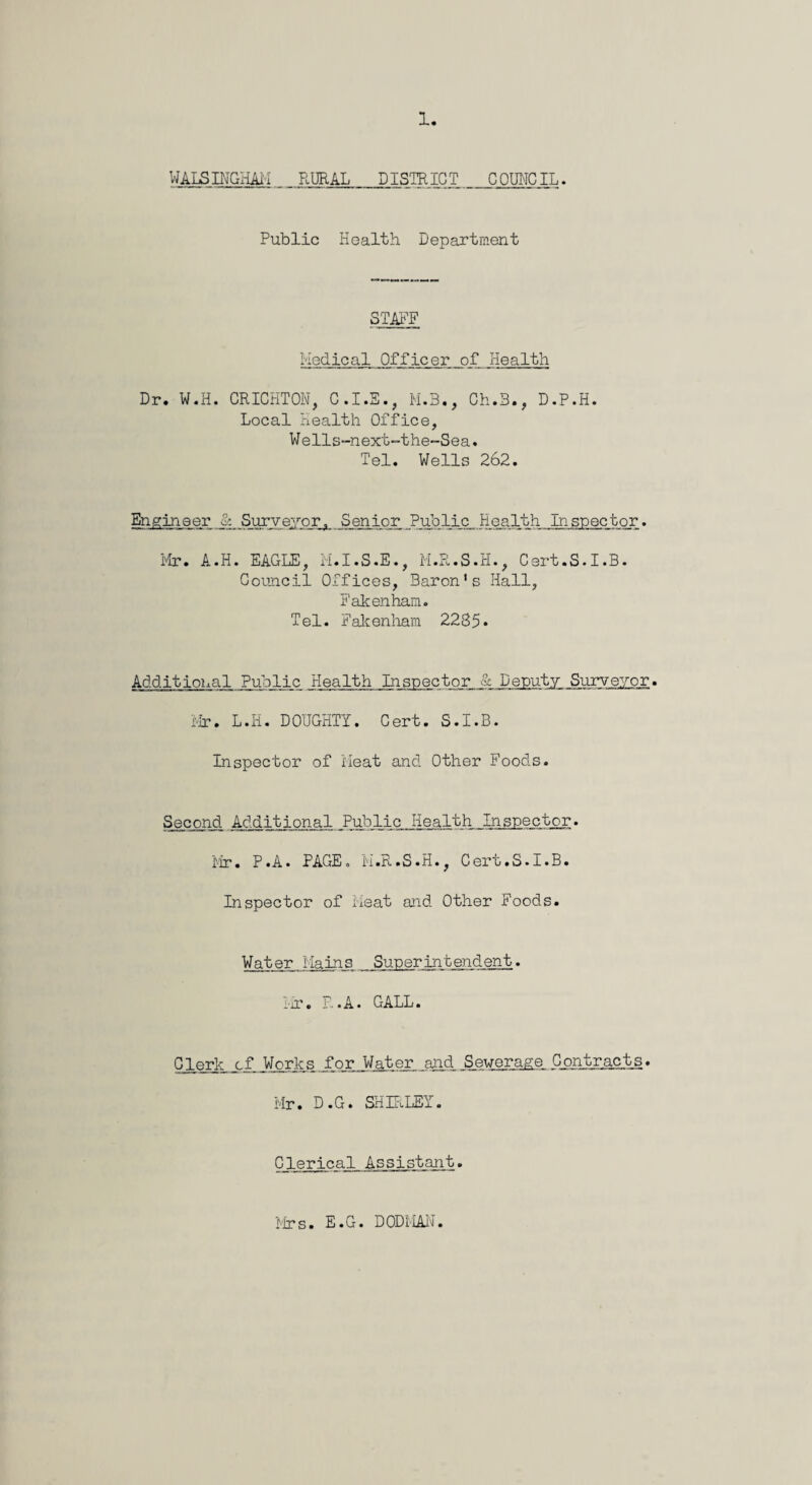WALSINGHAM. _ _ RURAL DISTRICT. _ _jCOUNCIL. Public Health Department STAFF Medical Officer of Health Dr. W.H. CRICHTON, C.I.S., M.3., Ch.B., D.P.H. Local Health Office, Wells-next-the-Sea. Tel. Wells 262. Engineer & Surveyor. Senior Public Health Inspector. Mr. A.H. EAGLE, M.I.S.E., M.R.S.H., Cert.S.I.B. Council Offices, Baron’s Hall, Fakenham. Tel. Fakenham 2285* Additional Public Health Inspector & Deputy Surveyor. Mr. L.H. DOUGHTY. Cert. S.I.B. Inspector of Meat and Other Foods. Second Additional Public Health Inspector. Mr. P.A. PAGE, M.R.S.H., Cert.S.I.B. Inspector of Meat and Other Foods. Water Mains Superintendent. Mr. R.A. GALL. Clerk cf Works for Water and Sewerage Contracts. Mr• D.G. SHIRLEY. Clerical Assistant. Mrs. E.G. DODI-IAN