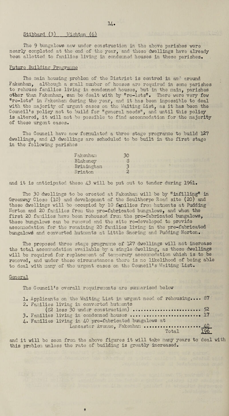The 9 bungalows now under construction in the above parishes v;ere nearly conpleted at the end of the year, and these dwellings have already been allotted to fariilios living in condemed houses in these parishes. Future Building Proi<raivine The main housing problen of the District is centred in an' around FaJeenhan, although a sr.all nunber of houses are required in some parishes to rehouse fariilios living in condemed houses, but in the main, parishes other than Fakenhan, can be dealt with by re-lets”. There were very few re-lets in Fakenhan during the year, and it has been impossible to deal with the majority of urgent cases on the Waiting List, as it has been the Council's policy not to build for general needs, and until this policy is altered, it will not be possible to find acconnodation for the majority of these urgent cases. The Council have now formulated a tlrroe stage programme to build 127 dwellings, and 43 dwellings are scheduled to be built in the first stage in the following parishes Falcenham 30 Blalconey 8 Briningham 3 Brinton 2 and it is anticipated those 43 will bo put out to tender during I96I. The 30 dwellings to bo erected at Falcenham will be by infilling in Greenway Close (lO) and development of the Sculthorpe Road site (20) and these dwellings will bo occupied by 10 families from hutments at Pudding Norton and 20 faieilies from the pro-fabricated bungalows, and when the first 20 fa:iilies have been rehoused from the pre-fabric at od bungalows, these bungalows can be removed and the site ro-d.evelopod to provide accomodation for the remaining 20 families living in the pre-fabricatod bungalowd and converted hutments at Little Snoring and Pudding Norton. The proposed three stage programme of 127 dwellings will not increase the total accommodation available by a single dwelling, as these dwellings will be required for replacement of temnorarjr accommodation which is to be removed, and under these circumstances thoro is no lilcelihood of being able to deal with many of the urgent cases on the Council's Waiting List. General The Council's overall requirements are summarised below 1. Applicants on the Waiting List in urgent need of rehousing.... 87 2. Faj'-iilies living in converted hutments (82 less 30 under construction) . 52 3. Families living in condemned houses ..17 4. Families living in 40 pro-fabricated bungalows at Lancaster Avonue, Fakenhai.i. 40 Total 19b and it will be seen from the above figures it will take many years to deal with this problem unless the rate of building is greatly increased.