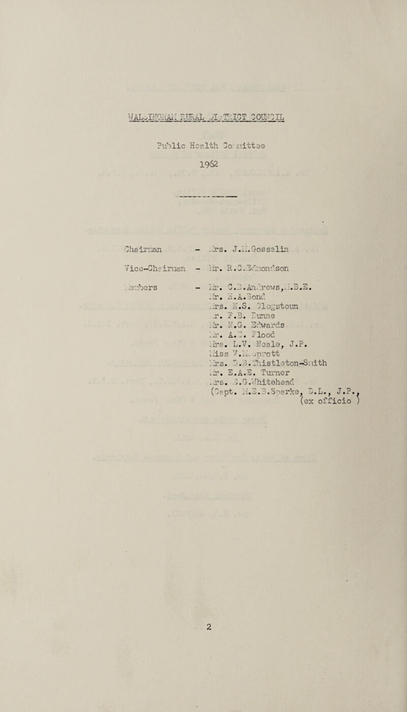 vJALjINGHAII RURAL .HE.-ThlOT gQUITOIL Public Health Go nittoe 1962 Ghairnan - .Is. J.II.Gosselin Vice-Cheirnan - Hr. R.C.Ediiondson Henbers - Iir. G.3.Andrews,II.B.E. iir. H.A.Bond ,irs. N.S. Ologstoun x. F.B. Punne Hr. N.G. Edwards a x. A. j. rl lo oC- lirs. L.V. Noale, J.P. Hiss V.ih jprott Ixs. P.E.Thistleton-Snith iir. E.A.S. Turner .xs, E.G.Whitehead ^ j a pt. * 1. ji*. —' • o 0 a rke ^ • L • y J. — • (ex officio