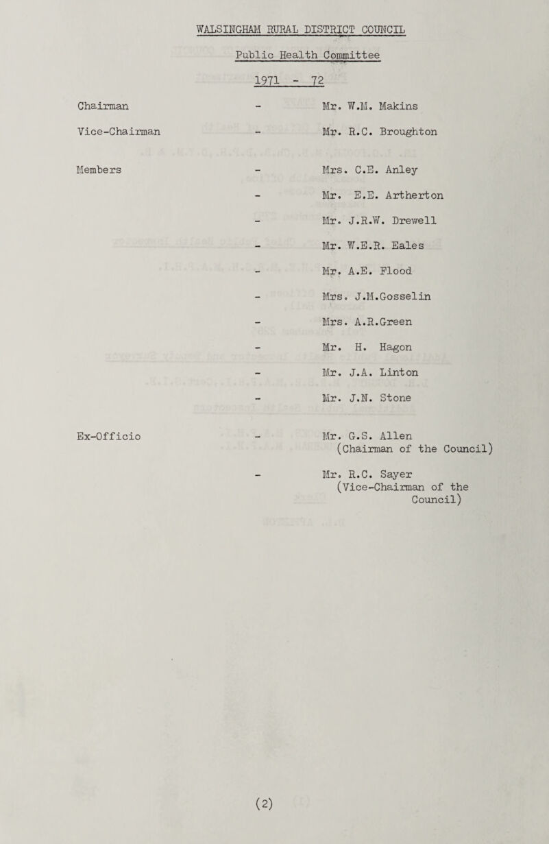 Chairman Vice-Chairman Members Ex-Officio Public Health Committee 1971 - 72 - Mr. W.M. Makins - Mr. R.C. Broughton - Mrs . C.E. Anley - Mr. E.E. Artherton - Mr. J.R.W. Drewell - Mr. W.E.R. Eales - Mr. A.E. Flood - Mrs . J.M.Gosselin - Mrs . A.R.Green - Mr. H. Hagon - Mr. J.A. Linton Mr. J.N. Stone Mr. G.S. Allen (Chairman of the Council) Mr. R.C. Sayer (Vice-Chairman of the Council)