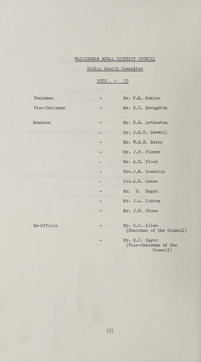 Public Health Committee 1972 - 73 Chairman — Mr. W.M. Makins Vice-Chairman - Mr. R.C. Broughton Members - Mr. E.E. Artherton - Mr. J.R.W. Drewell - Mr. W.E.R. Eales - Mr. J.F. Fisher - Mr. A.E. Flood - Mrs.J.M. Gosselin - Mrs.A.R. Green - Mr. H. Hagon - Mr. J.A. Linton - Mr. J.N. Stone Ex-Officio - Mr. G.S. Allen (Chairman of the Council) — Mr. R.C. Sayer (Vice-Chairman of the Council)