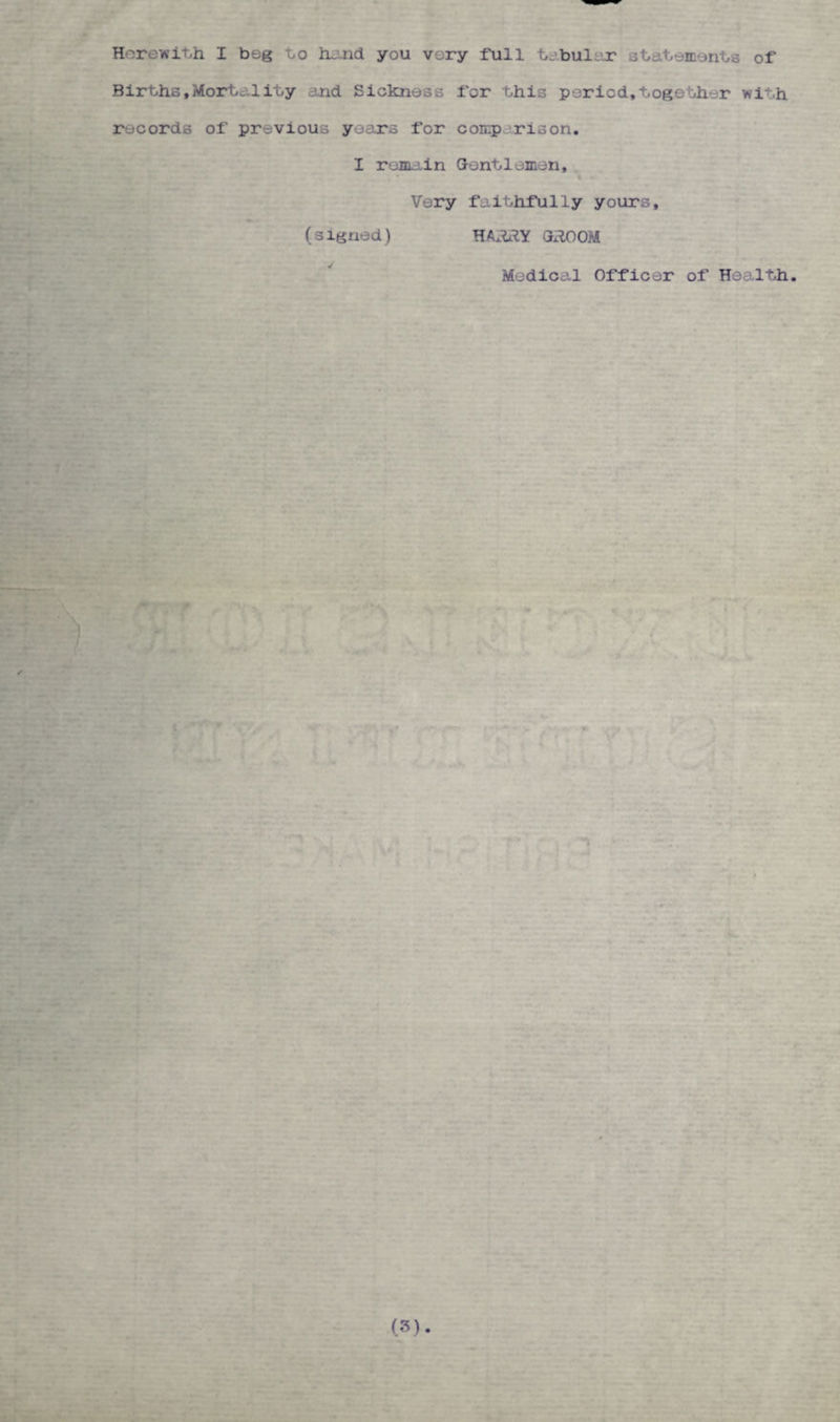 Herewith I beg to hand you very full tabular statements of Births.Mortality and Sickness for this period,together with records of previous years for comp ns on. I remain Gentlemen, Very faithfully yours, (signed) HA.tlY G^OOM Medical Officer of Health.