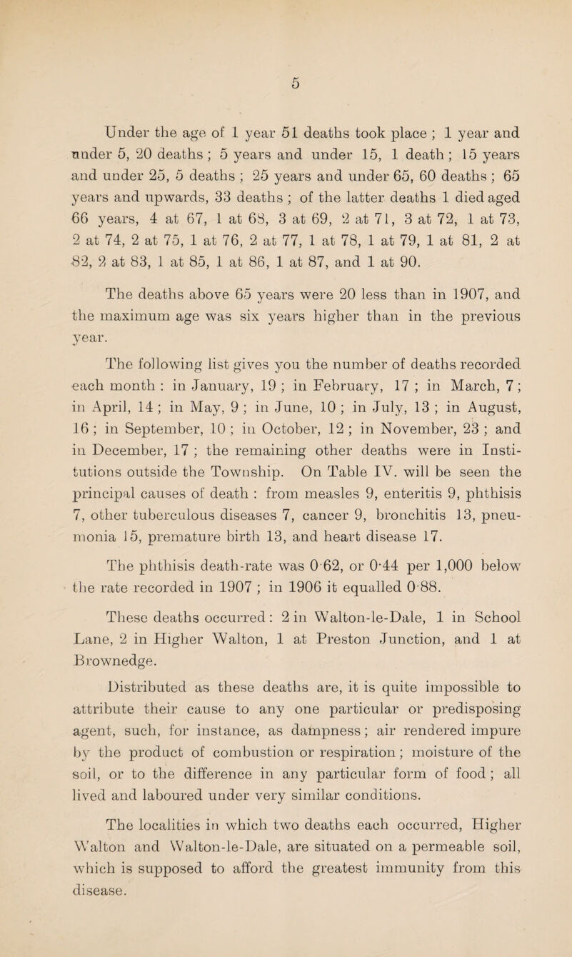 Under the age of 1 year 51 deaths took place ; 1 year and under 5, 20 deaths; 5 years and under 15, 1 death; 15 years and under 25, 5 deaths ; 25 years and under 65, 60 deaths ; 65 years and upwards, 33 deaths ; of the latter deaths 1 died aged 66 years, 4 at 67, 1 at 63, 3 at 69, 2 at 71, 3 at 72, 1 at 73, 2 at 74, 2 at 75, 1 at 76, 2 at 77, 1 at 78, 1 at 79, 1 at 81, 2 at 82, 2 at 83, 1 at 85, 1 at 86, 1 at 87, and 1 at 90. The deaths above 65 years were 20 less than in 1907, and the maximum age was six years higher than in the previous year. The following list gives you the number of deaths recorded each month : in January, 19 ; in February, 17 ; in March, 7; in April, 14 ; in May, 9 ; in June, 10 ; in July, 13 ; in August, 16 ; in September, 10 ; in October, 12 ; in November, 23 ; and in December, 17 ; the remaining other deaths were in Insti¬ tutions outside the Township. On Table IV. will be seen the principal causes of death : from measles 9, enteritis 9, phthisis 7, other tuberculous diseases 7, cancer 9, bronchitis 13, pneu¬ monia 15, premature birth 13, and heart disease 17. The phthisis death-rate was 0 62, or 0-44 per 1,000 below7 the rate recorded in 1907 ; in 1906 it equalled 0 88. These deaths occurred: 2 in Walton-le-Dale, 1 in School Lane, 2 in Higher Walton, 1 at Preston Junction, and 1 at Brownedge. Distributed as these deaths are, it is quite impossible to attribute their cause to any one particular or predisposing agent, such, for instance, as dampness; air rendered impure by the product of combustion or respiration; moisture of the soil, or to the difference in any particular form of food ; all lived and laboured under very similar conditions. The localities in which two deaths each occurred, Pligher Walton and Walton-le-Dale, are situated on a permeable soil, which is supposed to afford the greatest immunity from this disease.