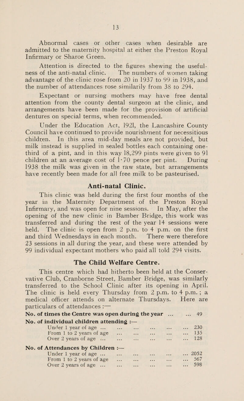 Abnormal cases or other cases when desirable are admitted to the maternity hospital at either the Preston Royal Infirmary or Sharoe Green. Attention is directed to the figures shewing the useful¬ ness of the anti-natal clinic. The numbers of women taking advantage of the clinic rose from 20 in 1937 to 99 in 1938, and the number of attendances rose similarily from 38 to 294. Expectant or nursing mothers may have free dental attention from the county dental surgeon at the clinic, and arrangements have been made for the provision of artificial dentures on special terms, when recommended. Under the Education Act, 1921, the Lancashire County Council have continued to provide nourishment for necessitious children. In this area mid-day meals are not provided, but milk instead is supplied in sealed bottles each containing one- third of a pint, and in this way 18,299 pints were given to 91 children at an average cost of 1*70 pence per pint. During 1938 the milk was given in the raw state, but arrangements have recently been made for all free milk to be pasteurised. Anti-natal Clinic. This clinic was held during the first four months of the year in the Maternity Department of the Preston Royal Infirmary, and was open for nine sessions. In May, after the opening of the new clinic in Bamber Bridge, this work was transferred and during the rest of the year 14 sessions were held. The clinic is open from 2 p.m. to 4 p.m. on the first and third Wednesdays in each month. There were therefore 23 sessions in all during the year, and these were attended by 99 individual expectant mothers who paid all told 294 visits. The Child Welfare Centre. This centre which had hitherto been held at the Conser¬ vative Club, Cranborne Street, Bamber Bridge, was similarly transferred to the School Clinic after its opening in April. The clinic is held every Thursday from 2 p.m. to 4 p.m. ; a medical officer attends on alternate Thursdays. Here are particulars of attendances :— No. of times the Centre was open during the year ... No. of individual children attending :— Under 1 year of age ... From 1 to 2 years of age Over 2 years of age ... No. of Attendances by Children :— Under 1 year of age ... From 1 to 2 years of age Over 2 years of age ... 49 ... 230 135 ... 128 ... 2052 ... 567 ... 598