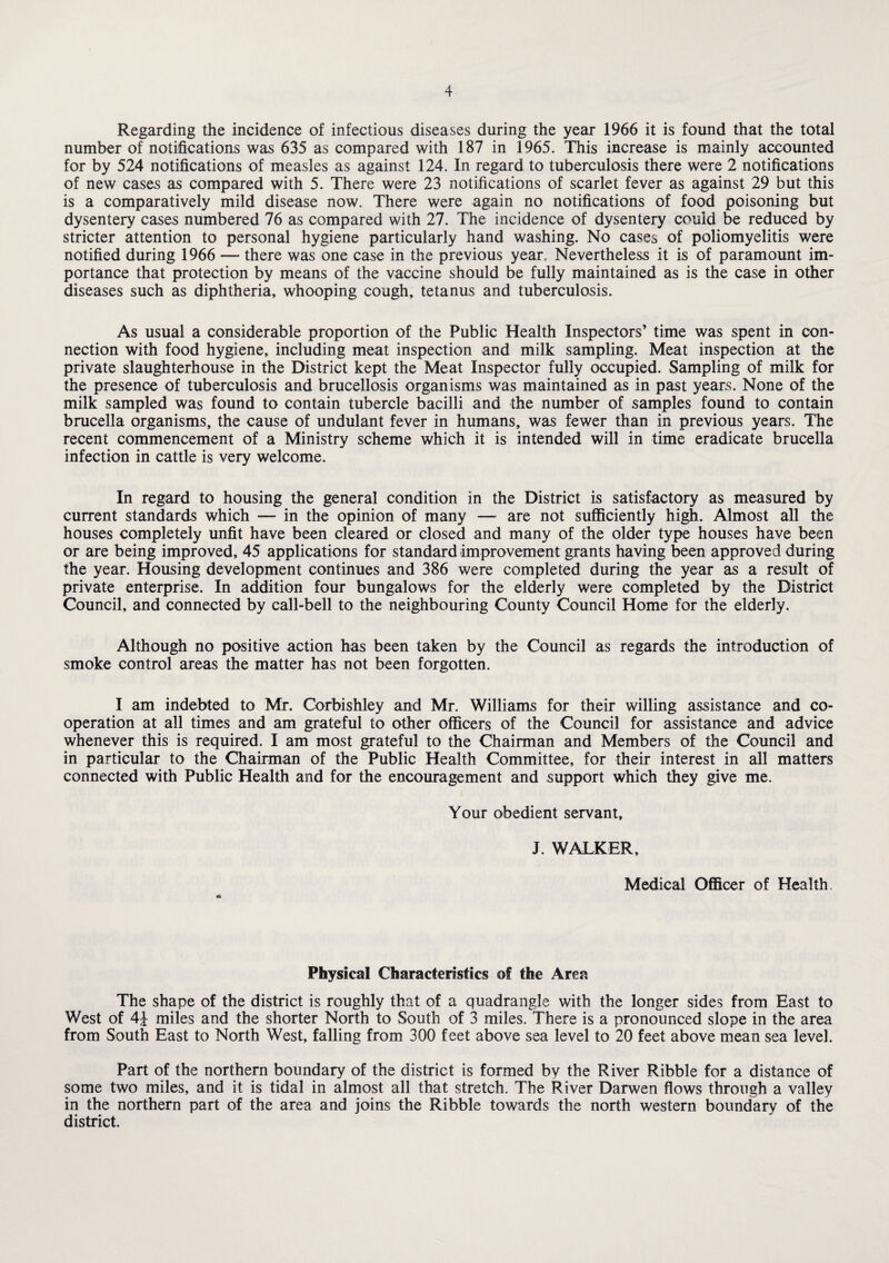 Regarding the incidence of infectious diseases during the year 1966 it is found that the total number of notifications was 635 as compared with 187 in 1965. This increase is mainly accounted for by 524 notifications of measles as against 124. In regard to tuberculosis there were 2 notifications of new cases as compared with 5. There were 23 notifications of scarlet fever as against 29 but this is a comparatively mild disease now. There were again no notifications of food poisoning but dysentery cases numbered 76 as compared with 27. The incidence of dysentery could be reduced by stricter attention to personal hygiene particularly hand washing. No cases of poliomyelitis were notified during 1966 — there was one case in the previous year. Nevertheless it is of paramount im¬ portance that protection by means of the vaccine should be fully maintained as is the case in other diseases such as diphtheria, whooping cough, tetanus and tuberculosis. As usual a considerable proportion of the Public Health Inspectors’ time was spent in con¬ nection with food hygiene, including meat inspection and milk sampling. Meat inspection at the private slaughterhouse in the District kept the Meat Inspector fully occupied. Sampling of milk for the presence of tuberculosis and brucellosis organisms was maintained as in past years. None of the milk sampled was found to contain tubercle bacilli and the number of samples found to contain brucella organisms, the cause of undulant fever in humans, was fewer than in previous years. The recent commencement of a Ministry scheme which it is intended will in time eradicate brucella infection in cattle is very welcome. In regard to housing the general condition in the District is satisfactory as measured by current standards which — in the opinion of many — are not sufficiently high. Almost all the houses completely unfit have been cleared or closed and many of the older type houses have been or are being improved, 45 applications for standard improvement grants having been approved during the year. Housing development continues and 386 were completed during the year as a result of private enterprise. In addition four bungalows for the elderly were completed by the District Council, and connected by call-bell to the neighbouring County Council Home for the elderly. Although no positive action has been taken by the Council as regards the introduction of smoke control areas the matter has not been forgotten. I am indebted to Mr. Corbishley and Mr. Williams for their willing assistance and co¬ operation at all times and am grateful to other officers of the Council for assistance and advice whenever this is required. I am most grateful to the Chairman and Members of the Council and in particular to the Chairman of the Public Health Committee, for their interest in all matters connected with Public Health and for the encouragement and support which they give me. Your obedient servant, J. WALKER, Medical Officer of Health. Physical Characteristics of the Area The shape of the district is roughly that of a quadrangle with the longer sides from East to West of 4J miles and the shorter North to South of 3 miles. There is a pronounced slope in the area from South East to North West, falling from 300 feet above sea level to 20 feet above mean sea level. Part of the northern boundary of the district is formed by the River Ribble for a distance of some two miles, and it is tidal in almost all that stretch. The River Darwen flows through a valley in the northern part of the area and joins the Ribble towards the north western boundary of the district.