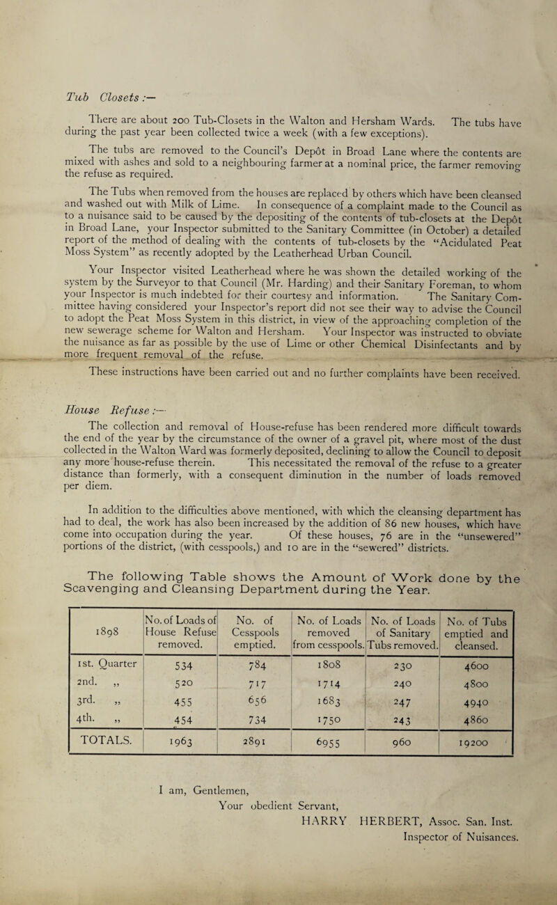 Tub Closets m There are about 200 Tub-Closets in the Walton and Hersham Wards. The tubs have during the past year been collected twice a week (with a few exceptions). The tubs are removed to the Council’s Depot in Broad Lane where the contents are mixed with ashes and sold to a neighbouring farmer at a nominal price, the farmer removino- the refuse as required. The Tubs when removed from the houses are replaced by others which have been cleansed and washed out with Milk of Lime. In consequence of a complaint made to the Council as to a nuisance said to be caused by the depositing of the contents of tub-closets at the Depot in Broad Lane, your Inspector submitted to the Sanitary Committee (in October) a detailed report of the method of dealing with the contents of tub-closets by the “Acidulated Peat Moss System” as recently adopted by the Leatherhead Urban Council. Your Inspector visited Leatherhead where he was shown the detailed working of the system by the Surveyor to that Council (Mr. Harding) and their Sanitary Foreman, to whom your Inspector is much indebted for their courtesy and information. The Sanitary Com¬ mittee having considered your Inspector’s report did not see their way to advise the Council to adopt the Peat Moss System in this district, in view of the approaching completion of the new sewerage scheme for Walton and Hersham. Your Inspector was instructed to obviate the nuisance as far as possible by the use of Lime or other Chemical Disinfectants and by more frequent removal of the refuse. These instructions have been carried out and no further complaints have been received. House Refuse The collection and removal of House-refuse has been rendered more difficult towards the end of the year by the circumstance of the owner of a gravel pit, where most of the dust collected in the Walton Ward was formerly deposited, declining to allow the Council to deposit any more house-refuse therein. This necessitated the removal of the refuse to a greater distance than formerly, writh a consequent diminution in the number of loads removed per diem. In addition to the difficulties above mentioned, with which the cleansing department has had to deal, the work has also been increased by the addition of 86 new houses, which have come into occupation during the year. Of these houses, 76 are in the “unsewered” portions of the district, (with cesspools,) and 10 are in the “sewered” districts. The following Table shows the Amount of Work done by the Scavenging and Cleansing Department during the Year. 00 On 00 ►—< No. of Loads of House Refuse removed. No. of Cesspools emptied. No. of Loads removed from cesspools. No. of Loads of Sanitary Tubs removed. No. of Tubs emptied and cleansed. 1st. Quarter 534 784 1808 230 4600 2nd. 520 717 1714 240 4S00 3rd- 455 656 1683 247 4940 4th. 454 734 1750 243 4860 TOTALS. 1963 2891 6955 960 19200 I am, Gentlemen, Your obedient Servant, HARRY HERBERT, Assoc. San. Inst. Inspector of Nuisances.