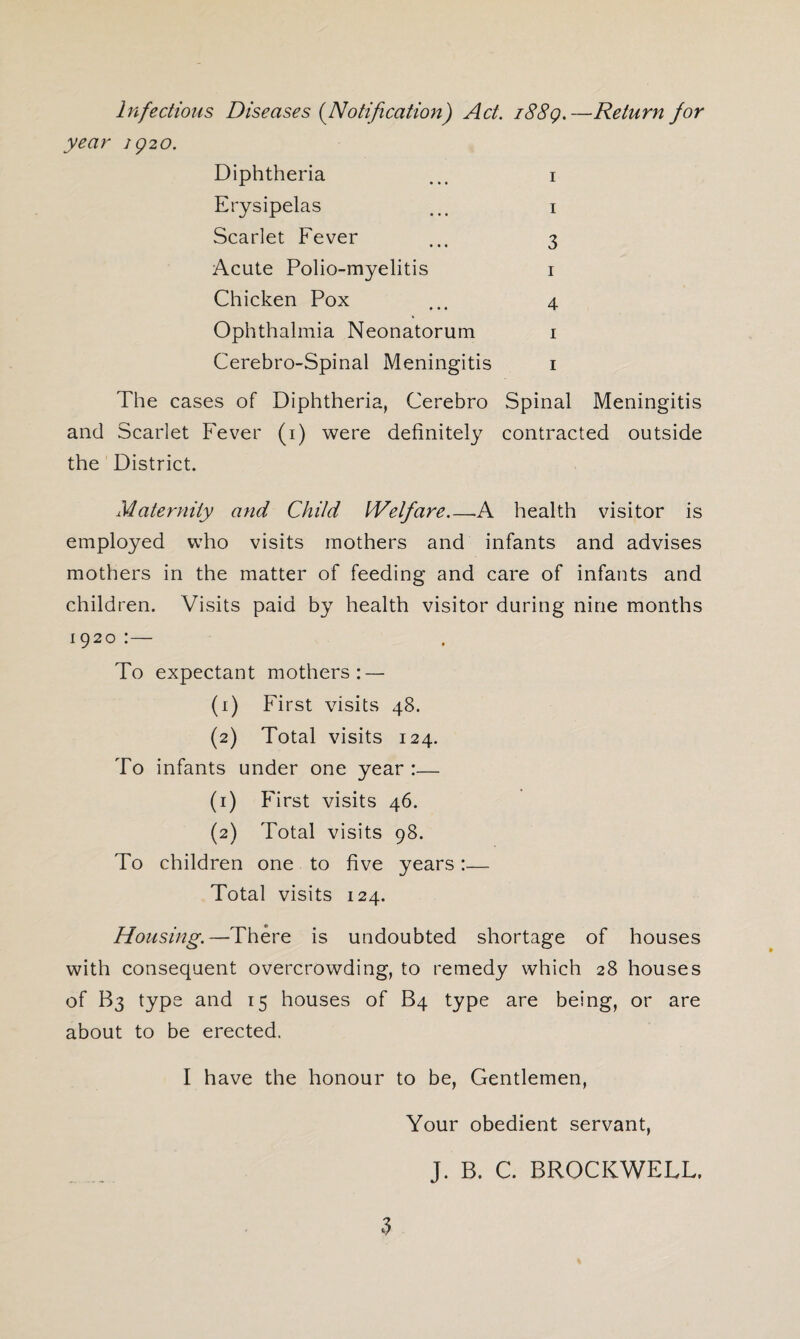 Infectious Diseases (Notification) Act. 1889.—Return for year 1920. Diphtheria ... 1 Erysipelas ... 1 Scarlet Fever ... 3 Acute Polio-myelitis 1 Chicken Pox ... 4 Ophthalmia Neonatorum 1 Cerebro-Spinal Meningitis 1 The cases of Diphtheria, Cerebro Spinal Meningitis and Scarlet Fever (1) were definitely contracted outside the District. Maternity and Child Welfare_A health visitor is employed who visits mothers and infants and advises mothers in the matter of feeding and care of infants and children. Visits paid by health visitor during nine months 1920 :— To expectant mothers: — (1) First visits 48. (2) Total visits 124. To infants under one year :— (1) First visits 46. (2) Total visits 98. To children one to five years:— Total visits 124. Housing.—There is undoubted shortage of houses with consequent overcrowding, to remedy which 28 houses of B3 type and 15 houses of B4 type are being, or are about to be erected. I have the honour to be, Gentlemen, Your obedient servant, J. B. C. BROCKWELL,