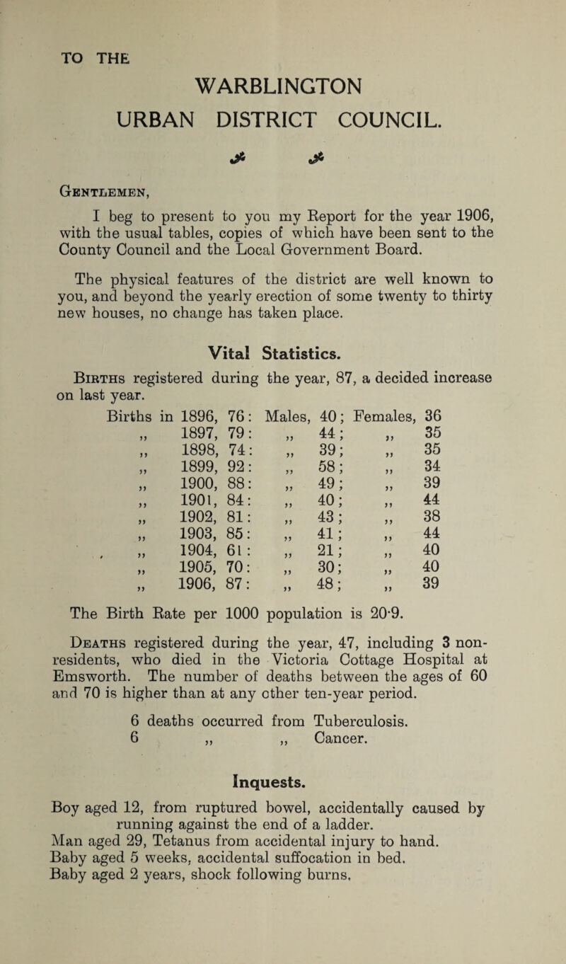 TO THE WARBLINGTON URBAN DISTRICT COUNCIL. & ^ Gentlemen, I beg to present to you my Report for the year 1906, with the usual tables, copies of which have been sent to the County Council and the Local Government Board. The physical features of the district are well known to you, and beyond the yearly erection of some twenty to thirty new houses, no change has taken place. Vital Statistics. Births registered during the year, 87, a decided increase on last year. Births in 1896, 76: Males, 40; Females, 36 1} 1897, 79: 44; yy 35 U 1898, 74: 39; yy 35 1899, 92: 58; yy 34 yy 1900, 88: 49; yy 39 M 1901, 84: 40; y y 44 M 1902, 81: 43; yy 38 1) 1903, 85: 41; yy 44 , yy 1904, 61 : ,, 21; yy 40 yy 1905, 70: 30; yy 40 yy 1906, 87: 48; yy 39 The Birth Rate per 1000 population is 20*9. Deaths registered during the year, 47, including 3 non¬ residents, who died in the Victoria Cottage Hospital at Emsworth. The number of deaths between the ages of 60 and 70 is higher than at any other ten-year period. 6 deaths occurred from Tuberculosis. 6 ,, „ Cancer. Inquests. Boy aged 12, from ruptured bowel, accidentally caused by running against the end of a ladder. Man aged 29, Tetanus from accidental injury to hand. Baby aged 5 weeks, accidental suffocation in bed.