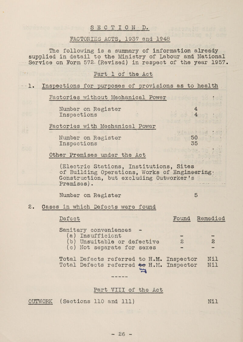 SECTIQ'N-D* FACTORIES ACTS, 1957 and 1948 The following is a summary of information already supplied in detail to the Ministry of Labour and National - Service on Form 572* (Revised) in respect of the year 19.5.7* Part 1 of the Act 14 Inspections for purposes of provisions as to health Factories without Mechanical Power Number on Register 4 Inspections 4 Factories with Mechanical Power »' « 50 ' v - 35 4 ’ ' . (Electric Stations, Institutions, Sites of Building Operations, Works of Engineering-. Construction, but excluding Outworker's :; Premises). ■:. Number on Register 5 2. Oases in which Defects were found  ■■■■■—■ ■■■«—»» Defect Found Remedied Sanitary conveniences (a) Insufficient (b) Unsuitable or defective 2 2 (c) Not separate for sexes Total Defects referred to H.M. Inspector Nil Total Defects referred H.M. Inspector Nil Part VIII of the Act OUTWORK (Sections 110 and 111) Nil Number on Register Inspections Other Premises under the Act