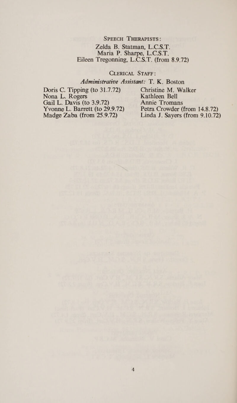 Speech Therapists: Zelda B. Statman, L.C.S.T. Maria P. Sharpe, L.C.S.T. Eileen Tregonning, L.C.S.T. (from 8.9.72) Clerical Staff: Administrative Assistant: T. K. Boston Christine M. Walker Kathleen Bell Annie Tromans Petra Crowder (from 14.8.72) Linda J. Sayers (from 9.10.72) Doris C. Tipping (to 31.7.72) Nona L. Rogers Gail L. Davis (to 3.9.72) Yvonne L. Barrett (to 29.9.72) Madge Zaba (from 25.9.72)