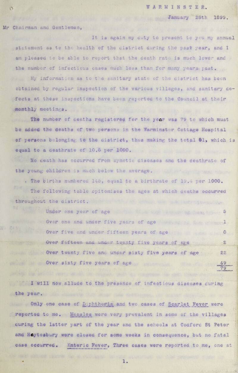 WARMINSTER. Mr Chairman ana Gentlemen, January 28th 1899. It is again my duty to present to you my annual statement as to the health of the aistrict during the past year, and I am pleased to be able to report that the death rate is much lower and the number of infectious cases much less than for many years past. My information as to t’-e sanitary state of the district has been obtained by regular inspection of the various villages, and sanitary de¬ fects at these inspections have been reported to the Council at their monthly meetings. - . The number of deaths registered for the year v/as 79 to which must be added the deaths of two persons in the Warminster Cottage Hospital of persons belonging to the district, thus making the total 8l> which is equal to a deathrate of 10.8 per 1000. No death has occurred from zymotic diseases ana the deathrate of the young children is much below the average. , The births numbered 14o, equal to a birthrate of 19.4 per 1000. The following table epitomises the ages at which deaths occurred throughout the district. Under one year of age _ 5 Over one and under five years of age ;1 Over five and uncer fifteen years of age 0 Over f if t-e en - -and und^-^ r.-,t weaity f i v:e y e.ar g . of , ^ Over twenty five ana under sixty five years of age 22 1 Over sixty five years of age 49 I will now allude to the presence of infectious diseases during the year. Only.one case of Diphtheria and two cases of Scarlet Fever were reported to me. Measles were very prevalent in some of the villages during the latter part of the year ana the schools at Codforo St Peter ana Haytesbury were closed for some weeks in consequence, but no fatal case occurred, Enteric Fever, Three cases were reported to me, one at 1.