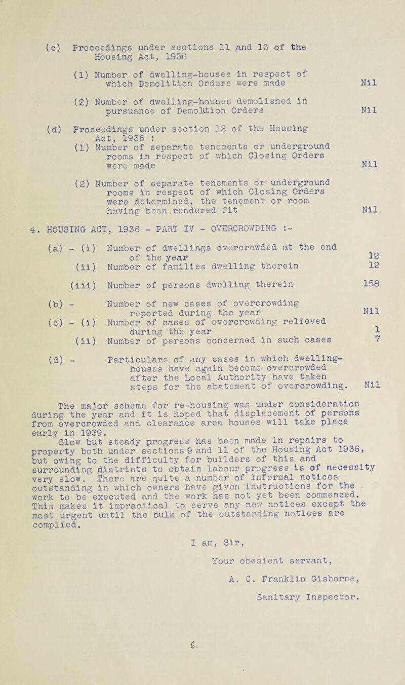 (c) Proceedings under sections 11 and 13 of the Housing Act, 1936 (1) Number of dwelling-houses in respect of which Demolition Orders were made Nil (2) Number of dwelling-houses demolished in pursuance of Demolition Orders Nil (d) Proceedings under section 12 of the Housing Act, 1936 : (1) Number of separate tenements or underground rooms in respect of which Closing Orders were made Nil (2) Number of separate tenements or underground rooms in respect of which Closing Orders were determined., the tenement or room having been rendered fit Nil 4. HOUSING- ACT, 1936 - PART IV - OVERCROWDING (a) - U) (ii) (iii) (b) — (c) - (i) Ui) (a) Number of dwellings overcrowded at the end of the year Number of families dwelling therein Number of persons dwelling therein Number of new cases of overcrowding reported during the year Number of cases of overcrowding relieved during the year Number of persons concerned in such cases Particulars of any cases in which dwelling- houses have again become overcrowded after the Local Authority have taken steps for the abatement of overcrowding. 12 12 158 Nil The major scheme for re-housing was under consideration during the year and it is hoped that displacement of persons from overcrowded and clearance area houses will take place early in 1939. Slow but steady progress has been ma.de in repairs to property both under sections 9 and 11 of the Housing Act 1936, but owing to the difficulty for builders of this and surrounding districts to obtain labour progress is of necessity very slow. There are quite a number of informal notices outstanding in which owners have given instructions for the . work to be executed and the work has not yet been commenced. This makes it impractical to serve any new notices except the most urgent until the bulk of the outstanding notices are complied. I am, Sir, Your obedient servant, A. C. Franklin Gisborne, Sanitary Inspector. <1 M