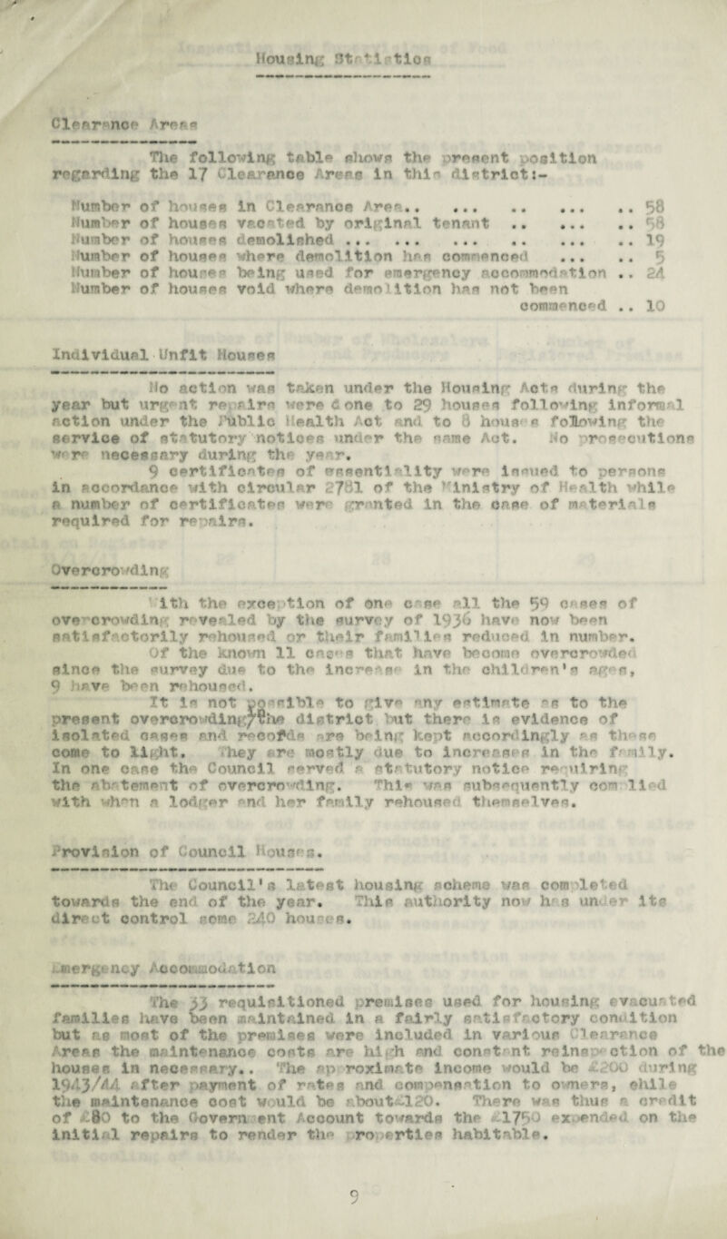 Clearance Areas The following table shows th*> i?reaent position regarding the 17 Clearance Areas In thi* districtj- dumber* of houses In Clearance Area.58 Number of houses vacated by original tenant ..r-8 Number of house a demolished.. . .. v Humber of houses where demolition has commenced . Humber of hour* ? being used for emergency accommodation .. 2A Humber of houses void whore demolition has not been commenced .. 10 Individual Unfit Houses Ho action -wan taken under the Housing Acts during the year but urgent repairs were done to 29 houses following inform 1 action under the fublic Health Act and to 8 houbop following the service of statutory notices under the same Act. Ho prosecutions w* r necessary during th< year. 9 certifiestoo of essentiality were issued to persons in -ocordance with circular 2781 of the Ministry of Health while a number of certificates war granted in the case of m terlale required for repairs. Overcrowding ith the exception of one e~se all the 99 vs see of ove crowding revealed by the survey of 1938 have now be^n satisfactorily rehoused or their families reduced in number. Of the knovm n one*-* that have become overcrowded since tlie survey clue to the increase in the children1^ agm, 9 have been rehoused. It i' not uorlble to glv« any estimate w to the present ovorcro'wdlng^the district but there is evidence of isolated case* and reoofda are being kept accordingly r a th sr come to light. hey ere mostly due to inerarst e in the .?■ i-ly. In one case the Council served e“statutory notice requiring the abatement of overcropping. This was subsequently com lied with drn a lodger - nd her family rehouse.- themselves. ; rovinion of Counell b-ouse :s. The Council’s latest housing scheme was completed towards the end of the year. Tide authority now h? 3 un -r its dir et control some .*40 hou ss. ,-mergt ncy Acc01 sou.* tion The 33 requisitioned premises used for housing evacuated families have been maintained in a fairly satisfactory condition but ae most of the premises were included in various Clearance Areas the maintenance costs are high end const?nt relnso*etion of the houses in necessary.. The approximate Income would be X200 during 1943/d4 after payment of rates and compensation to owners, chile the maintenance coot would be about£l20. There was thus a credit of -Bo to the Govern ent Account towards thr 1790 expended, on the initi;1 repairs to render the ro.ertles habitable. 9