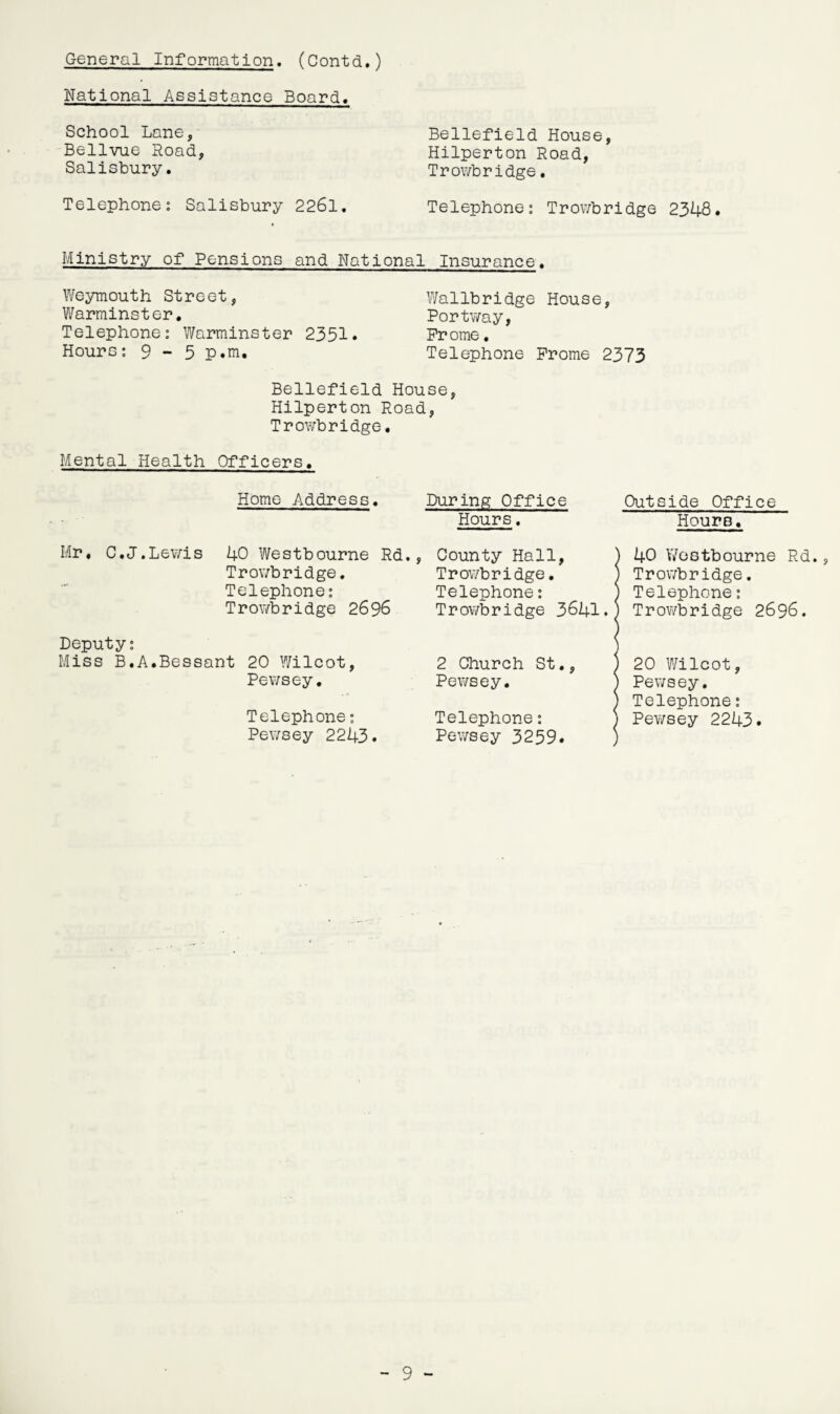 General Information. (Contd.) National Assistance Board. School Lane, Bellvue Road, Salisbury. Telephone: Salisbury 2261 Bellefield House, Hilperton Road, Trowbridge. Telephone: Trowbridge 2348 Ministry of Pensions and National Insurance. Weymouth Street, Wallbridge House, Warminster. Portway, Telephone: Warminster 2351. Prome. Hours: 9 - 5 p.m. Telephone Prome 2373 Bellefield House, Hilperton Road, Trowbridge. Mental Health Officers. Home Address. During Office Hours. Outside Office Hours. Mr, C.J.Lewis Deputy: Miss B.A.Bessant 40 Westbourne Rd., Trowbridge. Telephone: Trowbridge 2696 20 Wilcot, Pewsey. Telephone: Pewsey 2243. County Hall, Trowbridge. Telephone: Trowbridge 3641. 2 Church St., Pewsey. Telephone: Pewsey 3259. 40 Westbourne Rd., Trowbridge. Telephone: Trowbridge 2696. 20 Wilcot, Pewsey. Telephone: Pewsey 2243.