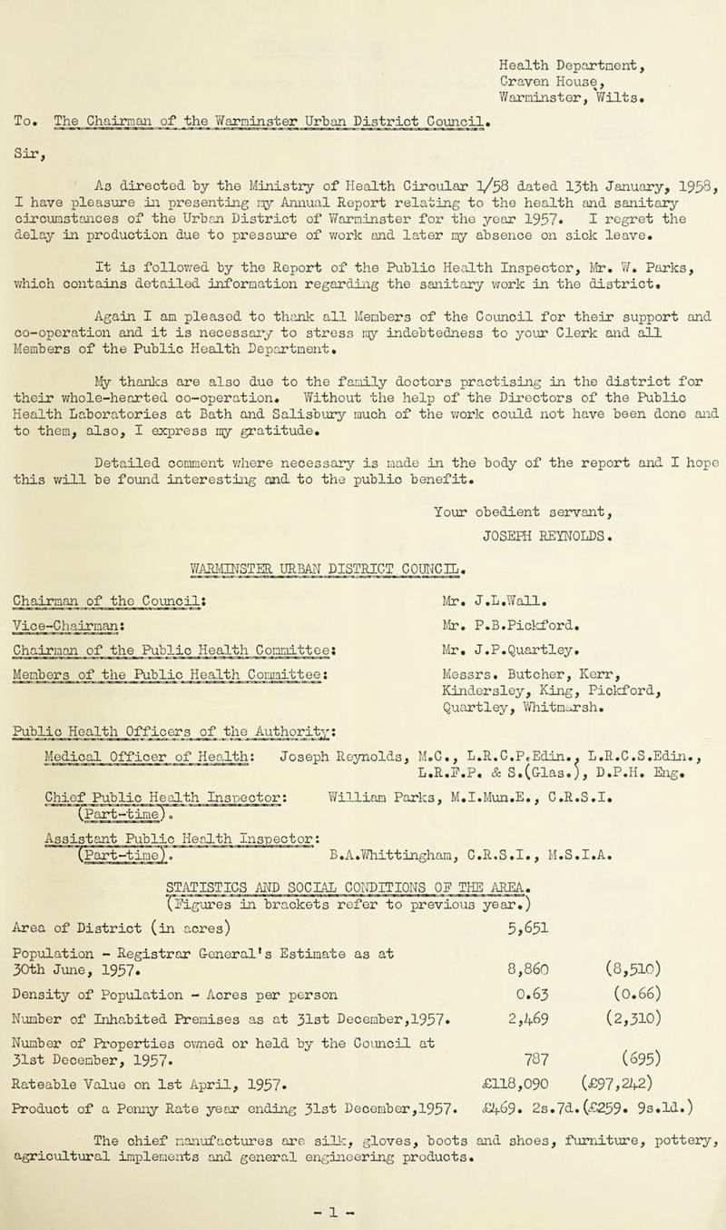 Health Department, Craven House. % * Warminster, Wilts* To. The Chairman of the Warminster Urban District Council• Sir, As directed by the Ministry of Health Circular l/53 dated 13th January, 1958, I have pleasure in presenting ny Annual Report relating to the health and sanitary circumstances of the Urban District of Warminster for the year 1957* 1 regret the delay in production due to pressure of work and later my absence on sick leave. It is followed by the Report of the Public Health Inspector, Mr. W. Parks, which contains detailed information regarding the sanitary work in the district. Again I am pleased to thank all Members of the Council for their support and co-operation and it is necessary to stress ray indebtedness to your Clerk and all Members of the Public Health Department. My thanks are also due to the family doctors practising in the district for their whole-hearted co-operation. Without the help of the Directors of the Public Health Laboratories at Bath and Salisbury much of the work could not have been done and to them, also, I express my gratitude. Detailed comment where necessary is made in the body of the report and I hope this will be found interesting and to the public benefit. Your obedient servant, JOSEPH REYNOLDS. WARMINSTER URBAN DISTRICT COUNCIL. Chairman of tho Council: Vice-Chairman: Chairman _of the Public Health Committee: Members of the Public Health Committee: Mr. J.L.Wall. Mr. P.B.Pickford. Mr. J.P.Quartley. Messrs. Butcher, Kerr, Kindersley, King, Pickford, Quartley, Whitmarsh. Public_He_alth Officers^_o_f the Authority: Medical Officer of Health: Joseph Reynolds, M.G., L.R.C.P.Edin.. L.R.C.S.Edin., L.R.P.P. & S.(Glas.), D.P.H. Eng. Chief Public Health Inspector: ~TPart-time) 7' Assistant Public Health Inspector: (Part-time). William Parks, M.I.Mum.E., C.R.S.I. B.A.Whittingham, C.R.S.I., M.S.I.A, STATISTICS AND SOCIAL CONDITIONS OP THE AREA, figures in brackets refer to previous year.) Area of District (in acres) Population - Registrar General's Estimate as at 30th June, 1957. Density of Population - Acres per person Number of Inhabited Premises as at 31st December,1957* Number of Properties owned or held by the Council at 31st December, 1957* Rateable Value on 1st April, 1957« Product of a Penny Rate year ending 31st December,1957* 5,651 8,860 (8,510) 0.63 (0.66) 2,2,69 (2,310) 787 (695) £118,090 (£97,22,2) £469. 2s.7d.(£259. 9s.Id.) The chief manufactures are silk, gloves, boots and shoes, furniture, pottery, agricultural implements and general engineering products.