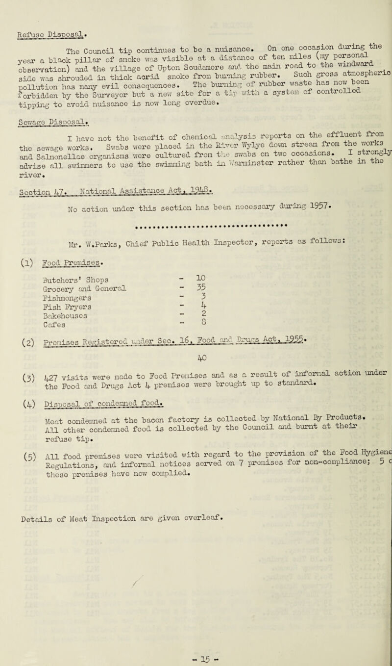 Refuse Dis] The Council tip continues to be a nuisance. On one occasion during the year a black pillar of smoke was visible at a distance of ten miles Uy personal observation) and the village of Upton Scudamore and the malm road to the side was shrouded in thick aorid smoke from burning rubber. Such gross atmospher pollution has many evil consequences. The burning of rubber waste has now been forbidden by the Surveyor but a new site for a tip with a system of controlled tipping to avoid nuisance is now long overdue. Disuosal. I have not the benefit of chemical analysis reports on the effluent from the sewage works. Swabs were placed in the River Wylye down stream from the works and Salmonellae organisms were cultured from the swabs on two occasions. I strongly advise all swimmers to use the swimming bath in harminster rather than bathe in e river. Section Id No action under this section has been necessary during 1957* Mr. W.Parks, Chief Public Health Inspector, reports as follows: (l) Fo_o.d Premis e s. Butcher’s* Shops “ DO Grocery and General “ 35 fishmongers “ 3 Pish Pryers “ 4 Bakehouses  2 Cafes “ ° (2) Promises Registered - lor Sec. 16, Pood arf JDrugs Act 40 (3) 427 visits were made to Pood Premises and as a result of informal action under the Pood and Drugs Act 4 premises were brought up to standard. (4) Disposal of condemned food. Meat condemned at the bacon factory is collected by National By Products. All other condemned food is collected by the Council and burnt at their refuse tip. (5) All food premises were visited with regard to the provision of the Pood Hygiene Regulations, and informal notices served on 7 premises for non-compliance, 5 c these premises have now complied. Details of Meat Inspection are given overleaf. /