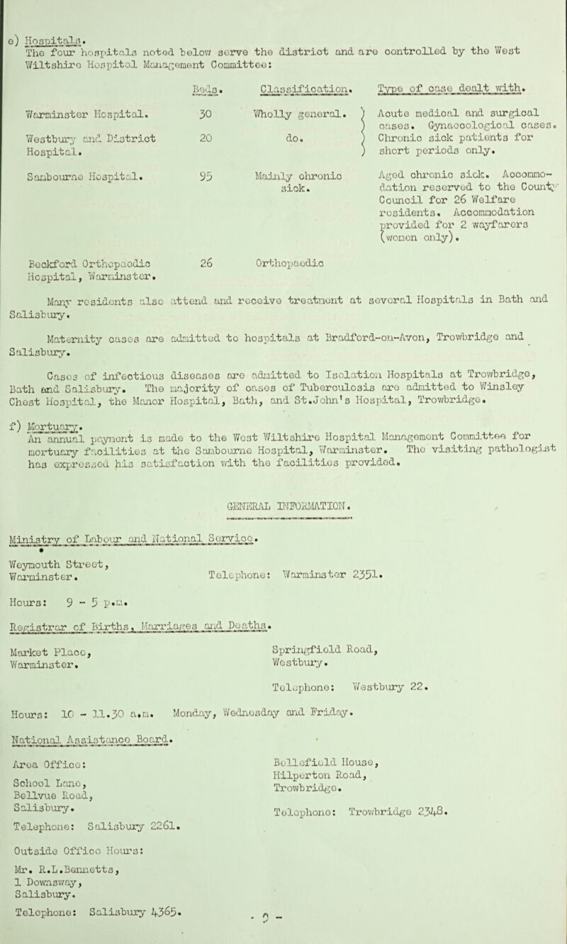 e) Hospitals. The four hospitals noted below serve the distriot and are oontrolled by the West Wiltshire Hospital Management Committeo: Beds. Classification. Tvoo of case dealt with. Warminster Hospital. Westbury and District Hospital. 30 20 Wholly general. ') do. ) Acute medioal and surgical oases. Gynaecological case3. Chronic sick patients for short periods only. Sambourne Hospital. 95 Mainly chronic siok. Agod chronic side. Accommo¬ dation reserved to the Count; Council for 26 Welfare residents. Accommodation provided for 2 wayfarers (women only). Beckford Orthopaedic Hospital, Warminster. 26 Orthopaedic Many residents also attend and receive treatment at sovoral Hospitals in Bath and Salisbury. Maternity oases are admitted to hospitals at Bradford-on-Avon, Trowbridge and Salisbury. Cases of infectious diseases arc admitted to Isolation Hospitals at Trowbridge, Bath ttnd Salisbury. The majority of casos of Tuberculosis aro admitted to Winsley Chest hospital, the Manor Hospital, Bath, and St.dolin’s Hospital, Trowbridge. f) Mortuary. All annual payment is made to the 'West Wiltshire Hospital Management Committeo for mortuary facilities at the Sambourne Hospital, Warminster. The visiting pathologist ha3 expressed his satisfaction with the facilities provided. GENERAL INFORMATION. Ministrv of Labour and National Servioo. Weymouth Street, Warminster. Telephone: Warminster 2351. Hours: 9 “ 5 p»m. Registrar of Births. Marriages and Deaths Market Place, Warminster. Hours: 10 - 11.30 a«m. Monday National Assistance Board. Area Office: School Lane, Bellvue Road, Salisbury. Telephone: Salisbury 2261. Outside Offico Hours: Mr. 11. L. Bennetts, 1 Downsway, Salisbury. Telephone: Salisbury 43o5« Springfield Road, Westbury. Telephone: Westbury 22. Wednesday and Friday. Bellafield House, Hilperton Road, Trowbridge. Telephone: Trowbridge 2348