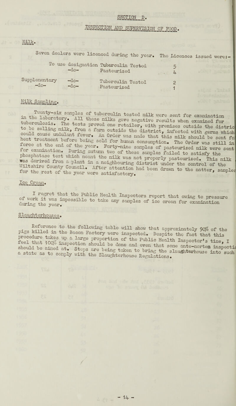 MSEECTION and supervision OF FOOD. Milk. Seven dealers were licenced during the year. The licences issued were:- To use designation Tuborculin Tested -do- Pasteurized Supplementary -do— -do- -do- Tuberculin Tested Pasteurized 5 4 2 1 Milk Sampling. • .,^W1en^y~SfC sanPlcs Of tuberculin tested nilk were sent for exanination tuberculosis The tall ^ nGeative results when examined for to be seller JnZ ? 3 PT °ne rotailer» *th premises outside the distric to oe selling milk, from a farm outside the district, infected with germs which could cause undulant fever. An Order was made that this milk should be sent fc force arthonondeofrthb0ln? ^ hUnan oon3ul:1Ption* Tho Order was still in P . 0 Porty-nine samples of pasteurized milk were sent for examination. During autumn two of these samples failed to satisfy the p 03p. a a30 ost v/hich meant the nilk was not properly pasteurized. This nilk was derived from a plant in a neighbouring district uMer the consol of the for thcTrest^f^n ouncil* After attention had been drawn to the natter, sample 1 or the rest of the year wore satisfactory. * Ice Cream. of JJtm t}^at th^ ?UbiiC Heolth Inspectors report that owing to pressure during the ^r“p0S3lbl° to take samples of ice cream for exanination Slaughterhouses. Reference to the following table will show that approximately 90?o of the pigs killed in the Bacon Factory were inspected. Despite the fact that this Ere swraa: a s^aesrssi